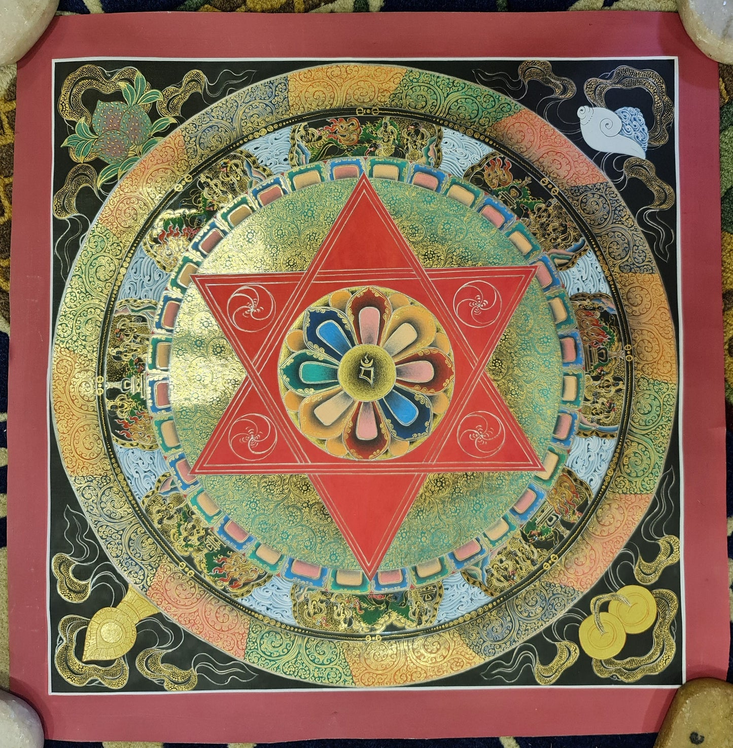 93. Black and 24 K Gold Mandala Thangka (Thanka). Free Brocade / Free Shipping.