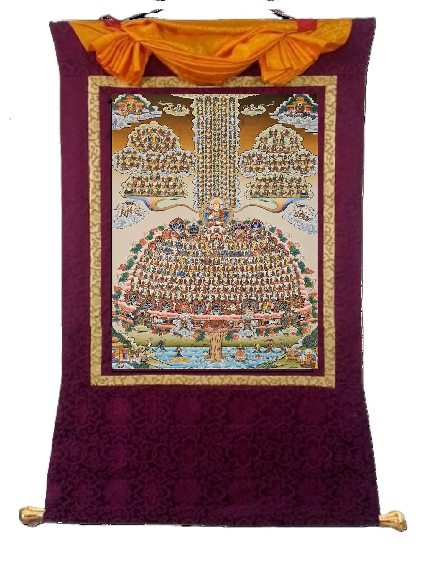 231. Gelug (Gelugpa) Lineage Tree Thangka (Thanka) Painting with 24 K Gold. Free Brocade / Free Shipping.