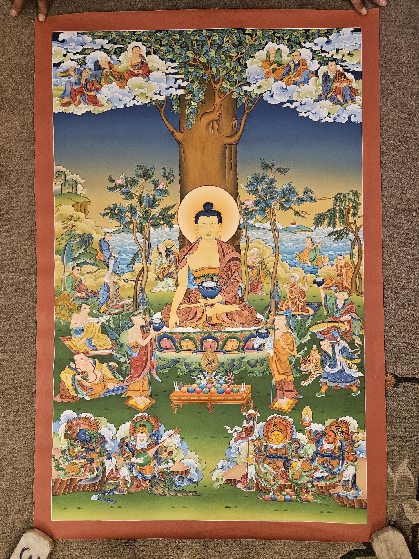 355. 16 Arhats (Arahats) Thangka (Thanka). Free Brocade / Free Shipping.