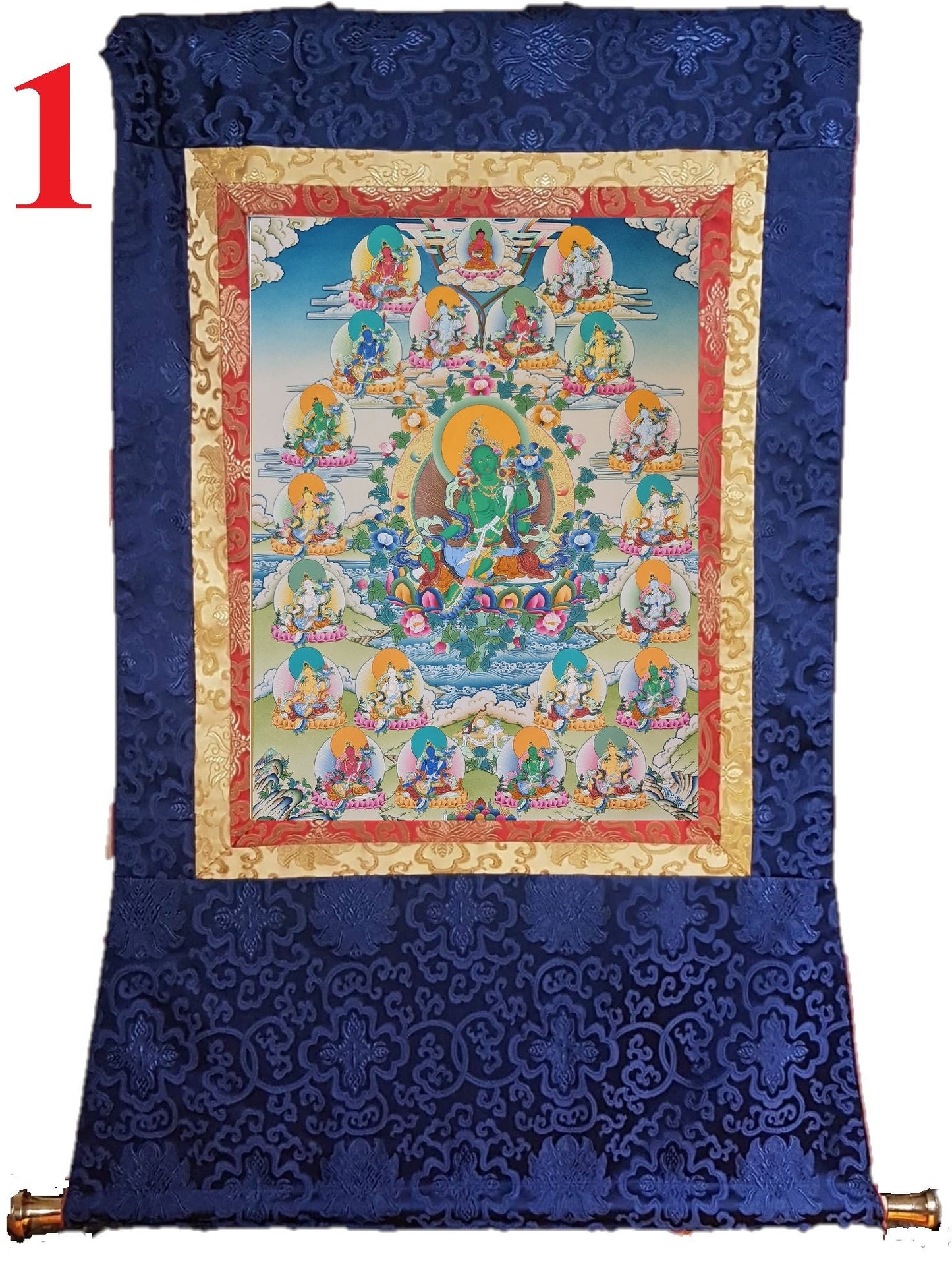 188. Green Tara with 21 Tara Thangka (Thanka). Free Brocade / Free Shipping.