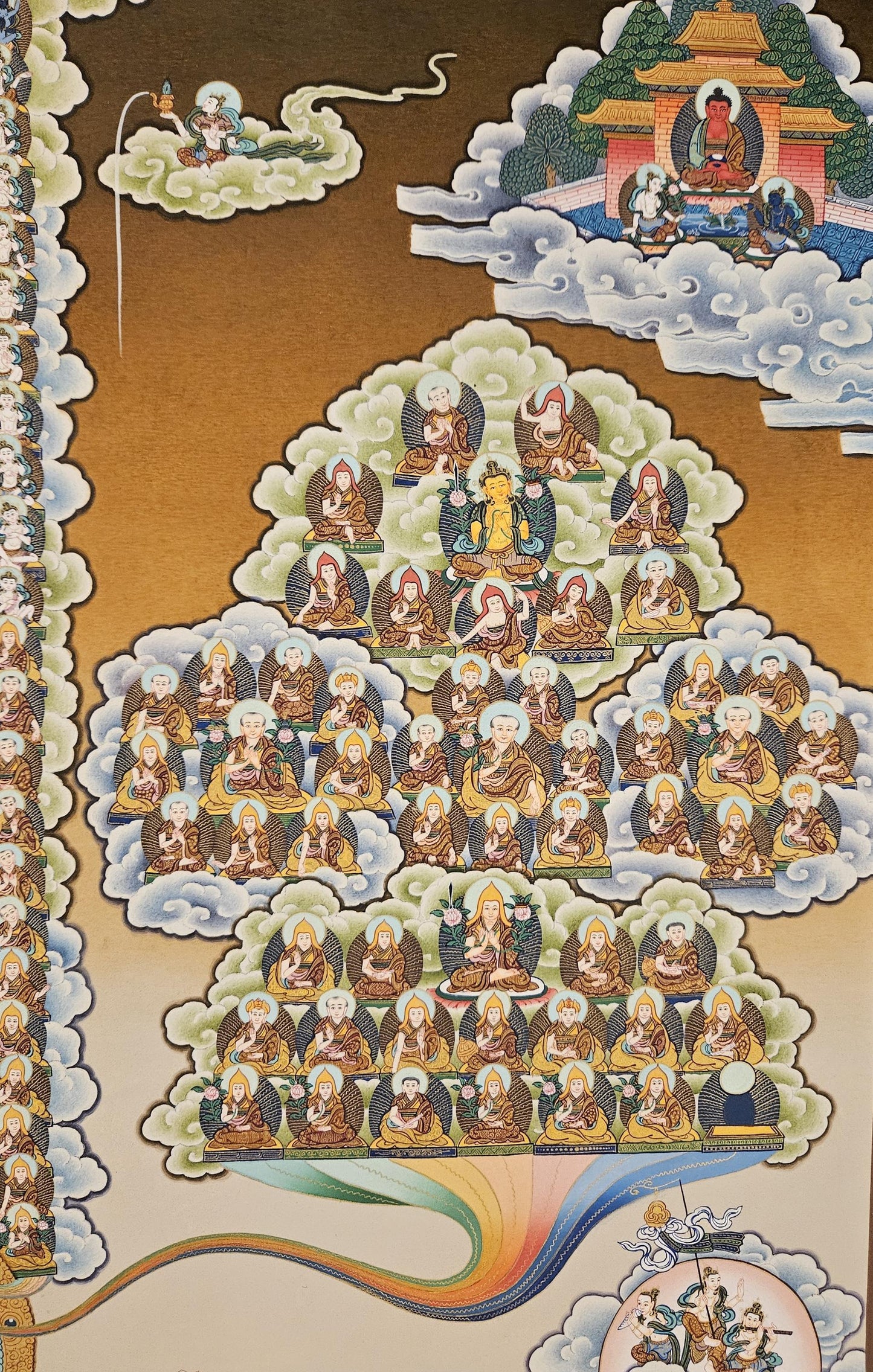 231. Gelug (Gelugpa) Lineage Tree Thangka (Thanka) Painting with 24 K Gold. Free Brocade / Free Shipping.