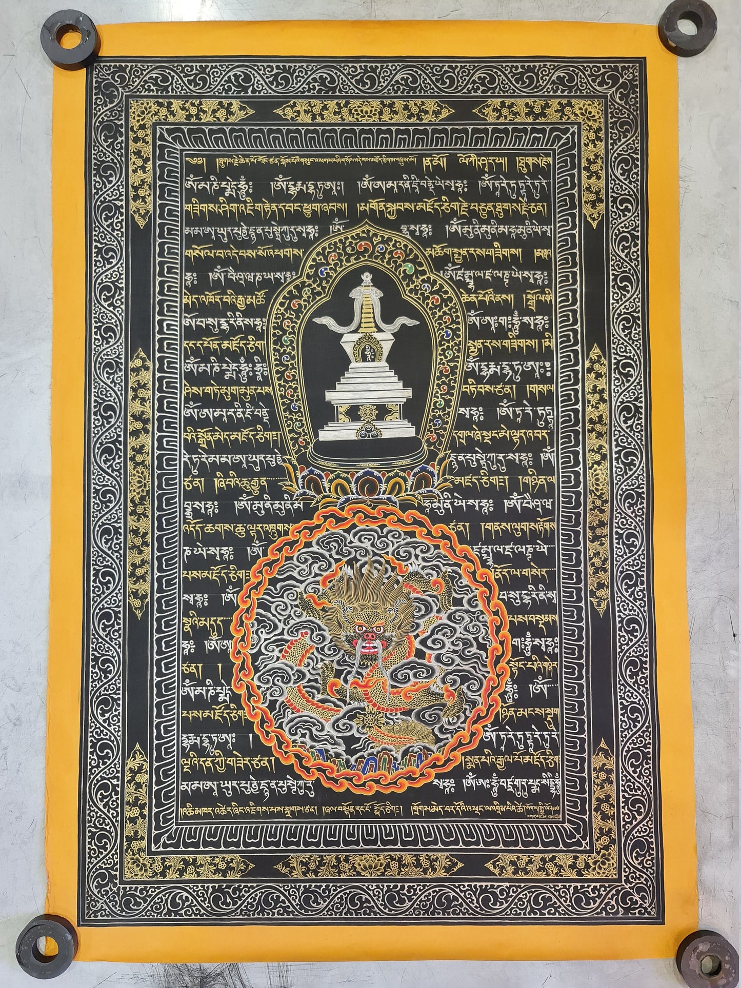 199. Mantra Thanka with Stupa and Dragon with 24K Gold. Free Brocade / Free Shipping.