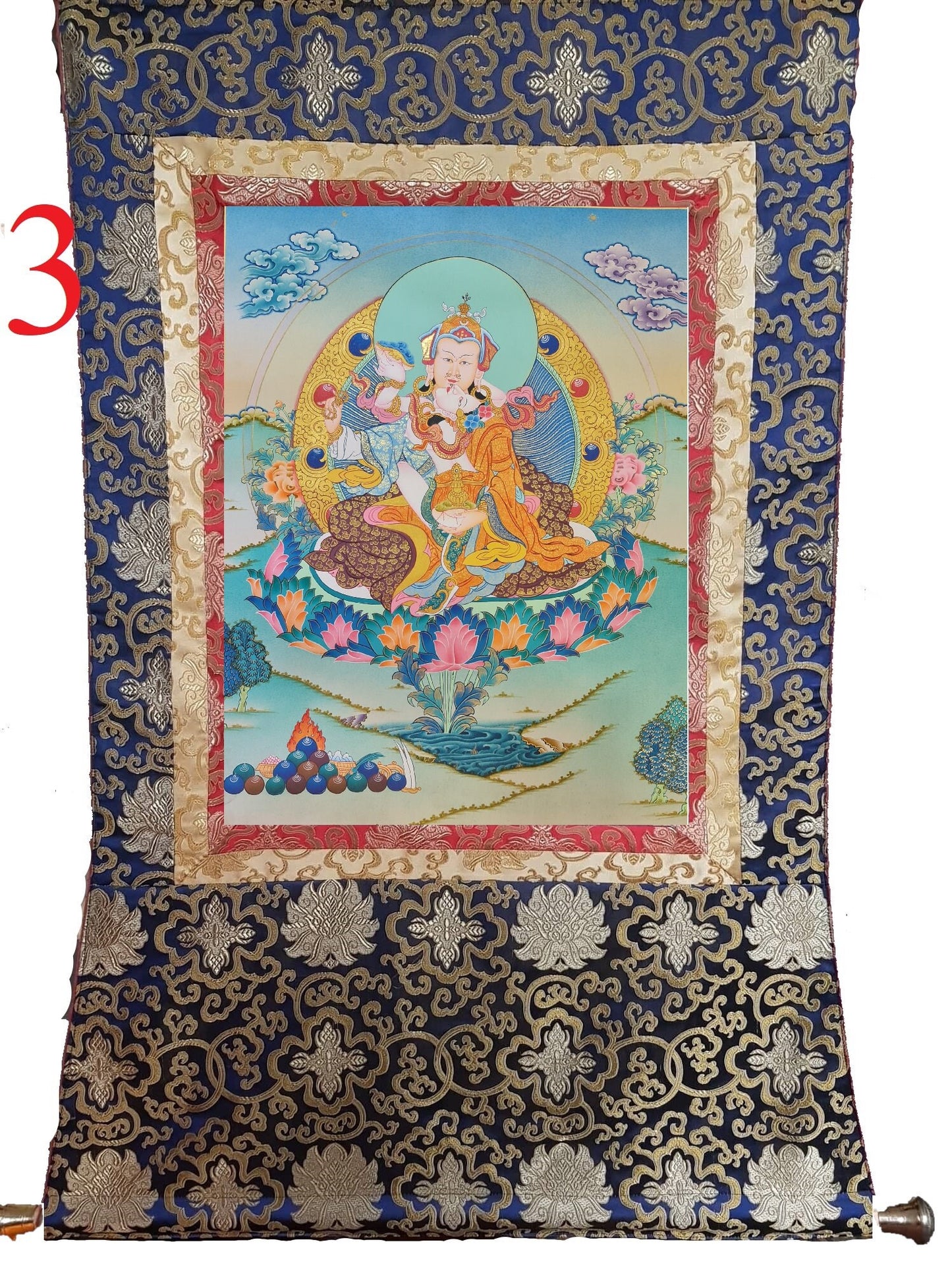 175. Guru Rinpoche Consort with Yeshe Tsogyal Thanka (Thangka). Free Brocade / Free Shipping.