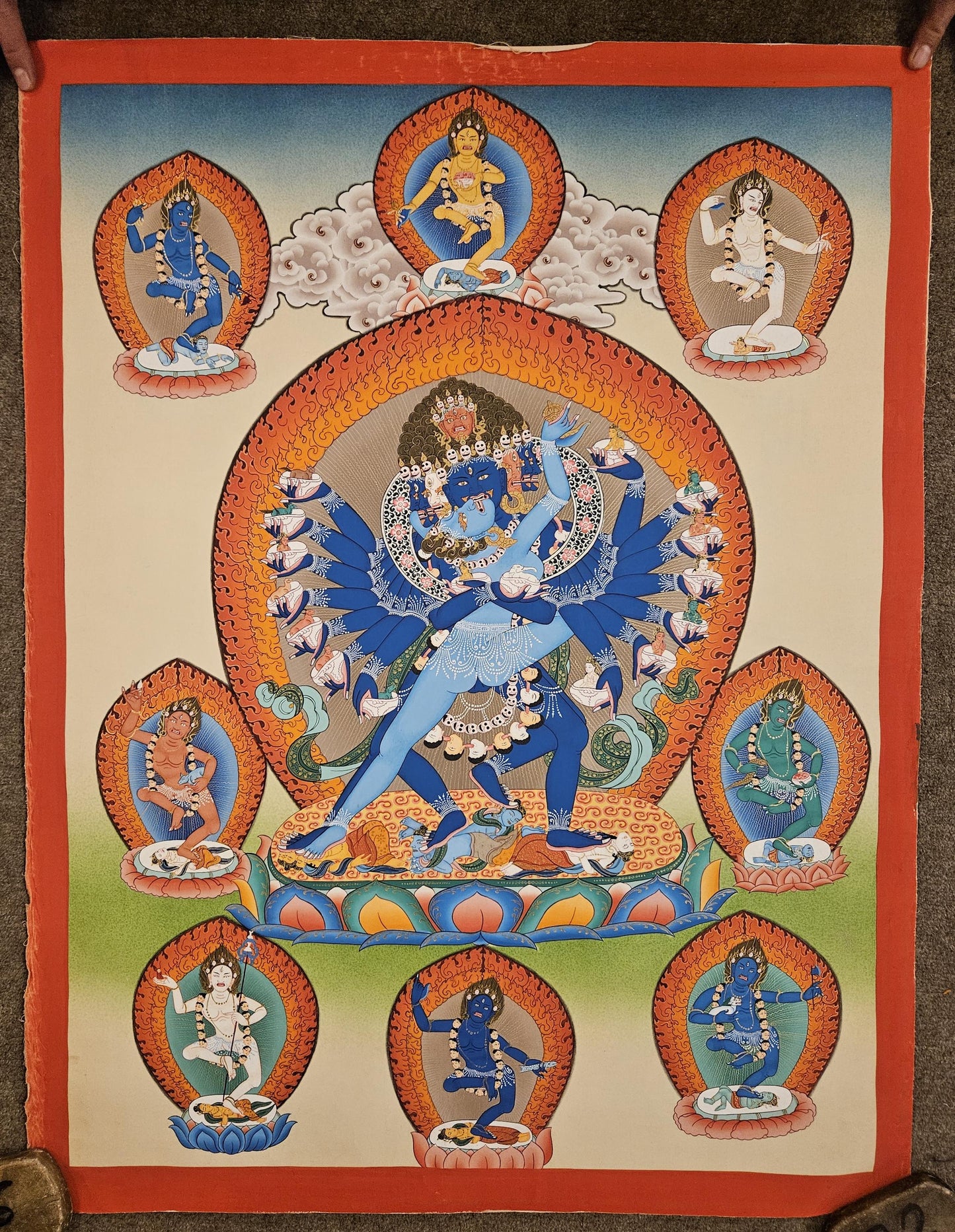365. Shri Hevajra with Eight (8) Daikinis Marpa Transmission Thangka (Thanka). Free Brocade / Free Shipping.