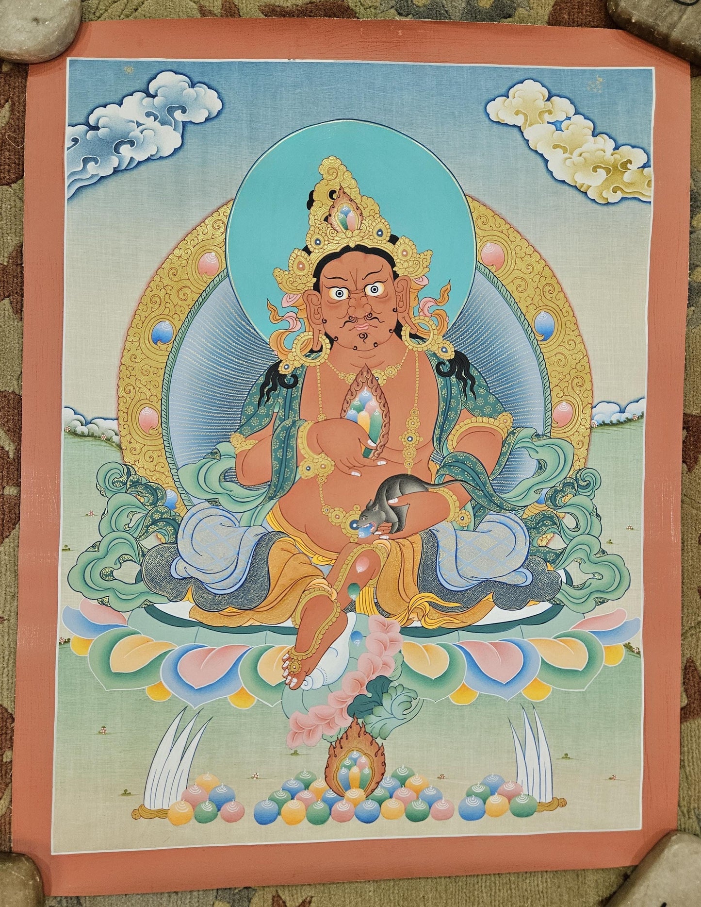 397. Red Jambhala or Zambhala Thangka (Thanka). Free Brocade / Free Shipping.