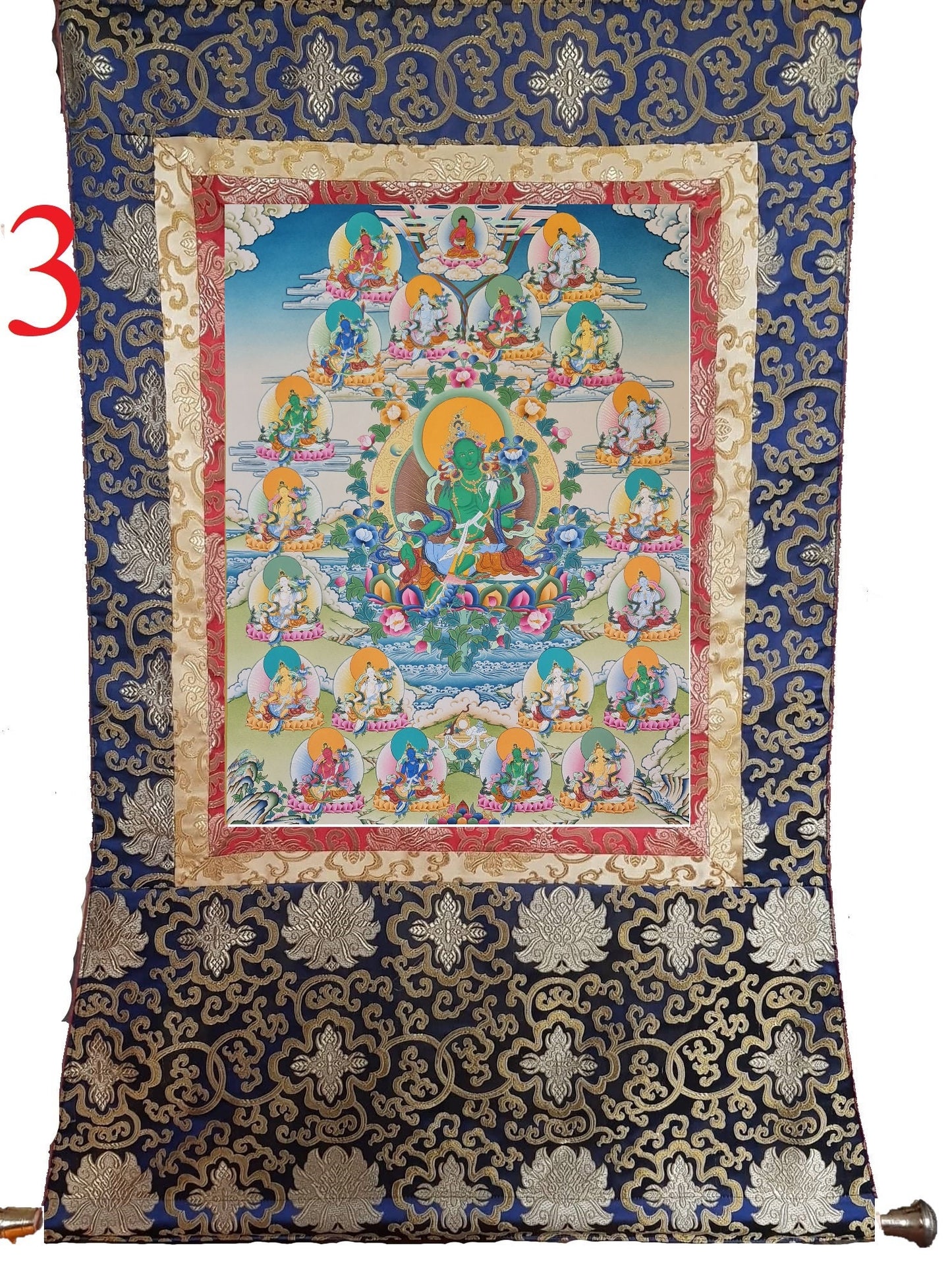 188. Green Tara with 21 Tara Thangka (Thanka). Free Brocade / Free Shipping.