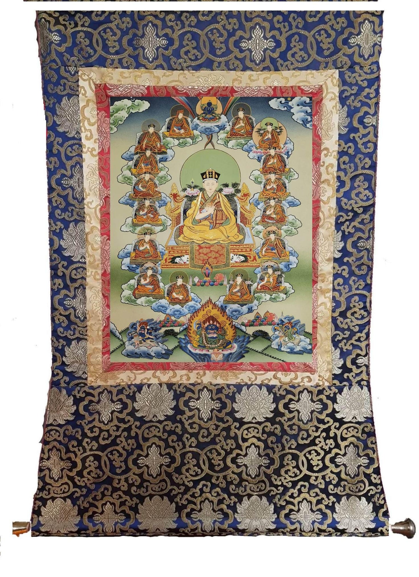 364. 16 Sixteen Gyalwa Karmapa in one Thangka Karma Kagyu. Free Brocade / Free Shipping.