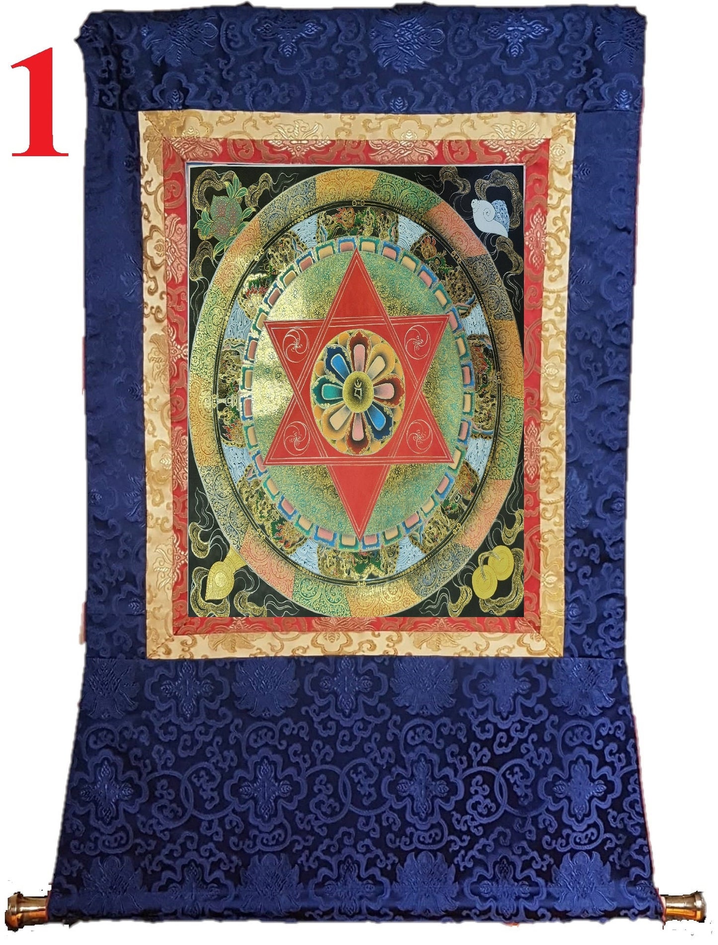 93. Black and 24 K Gold Mandala Thangka (Thanka). Free Brocade / Free Shipping.