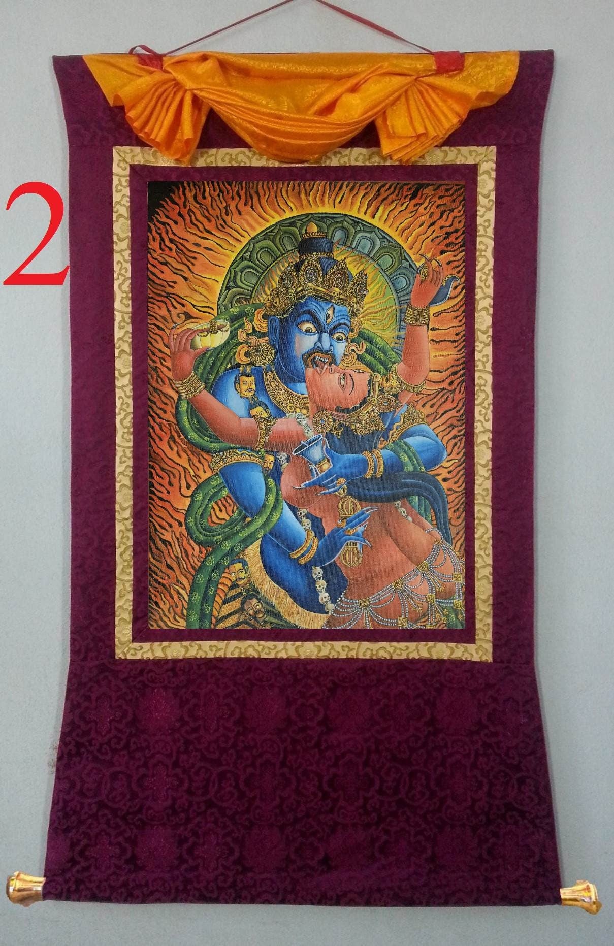 309. Two-Armed Heruka Chakrasamvara with Consort Thangka (Thanka) Oil Painting. Free Brocade / Free Shipping.