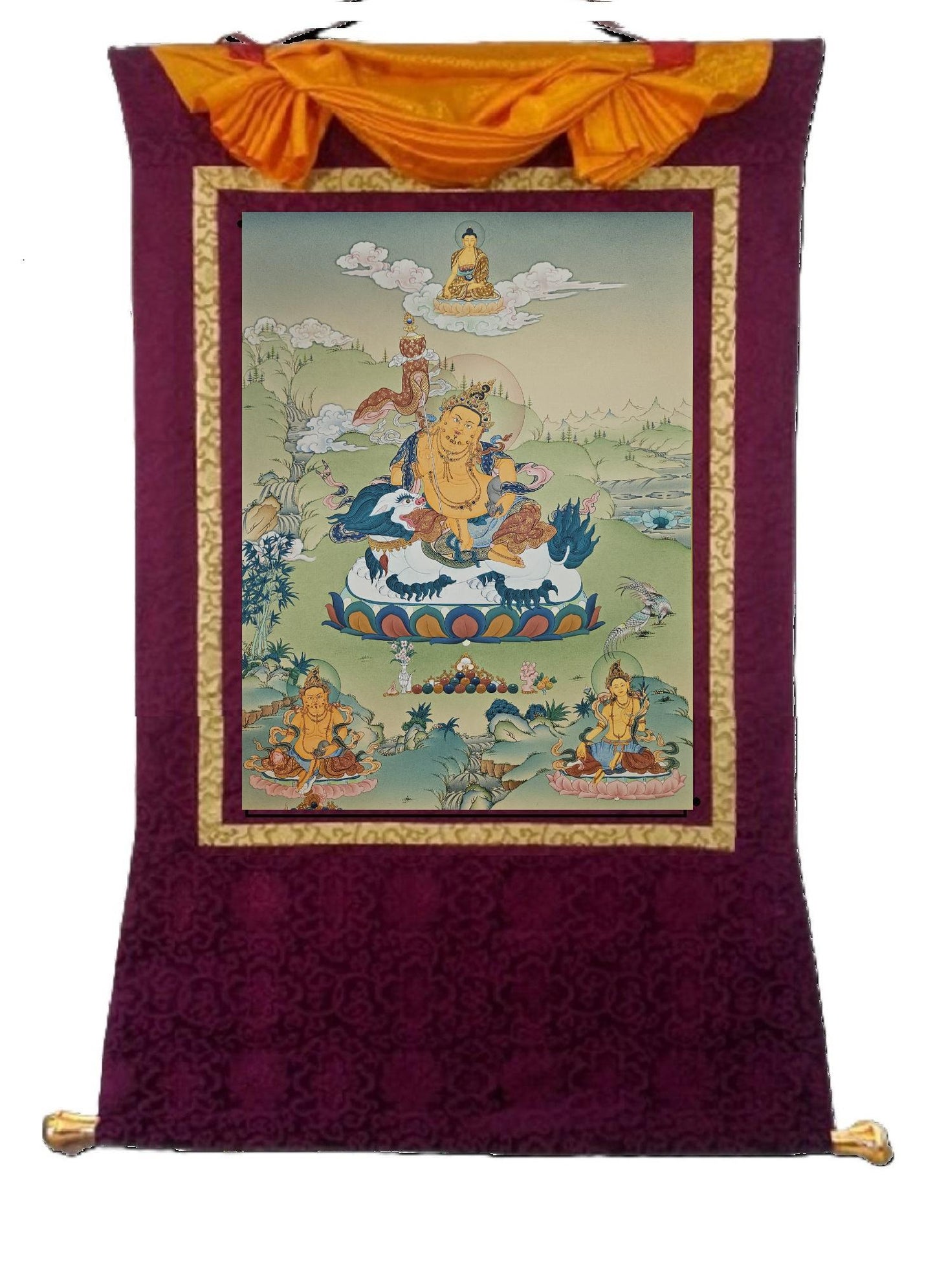 387. Namtoshe Jambhala or Zambhala Thangka (Thanka). Free Brocade / Free Shipping.