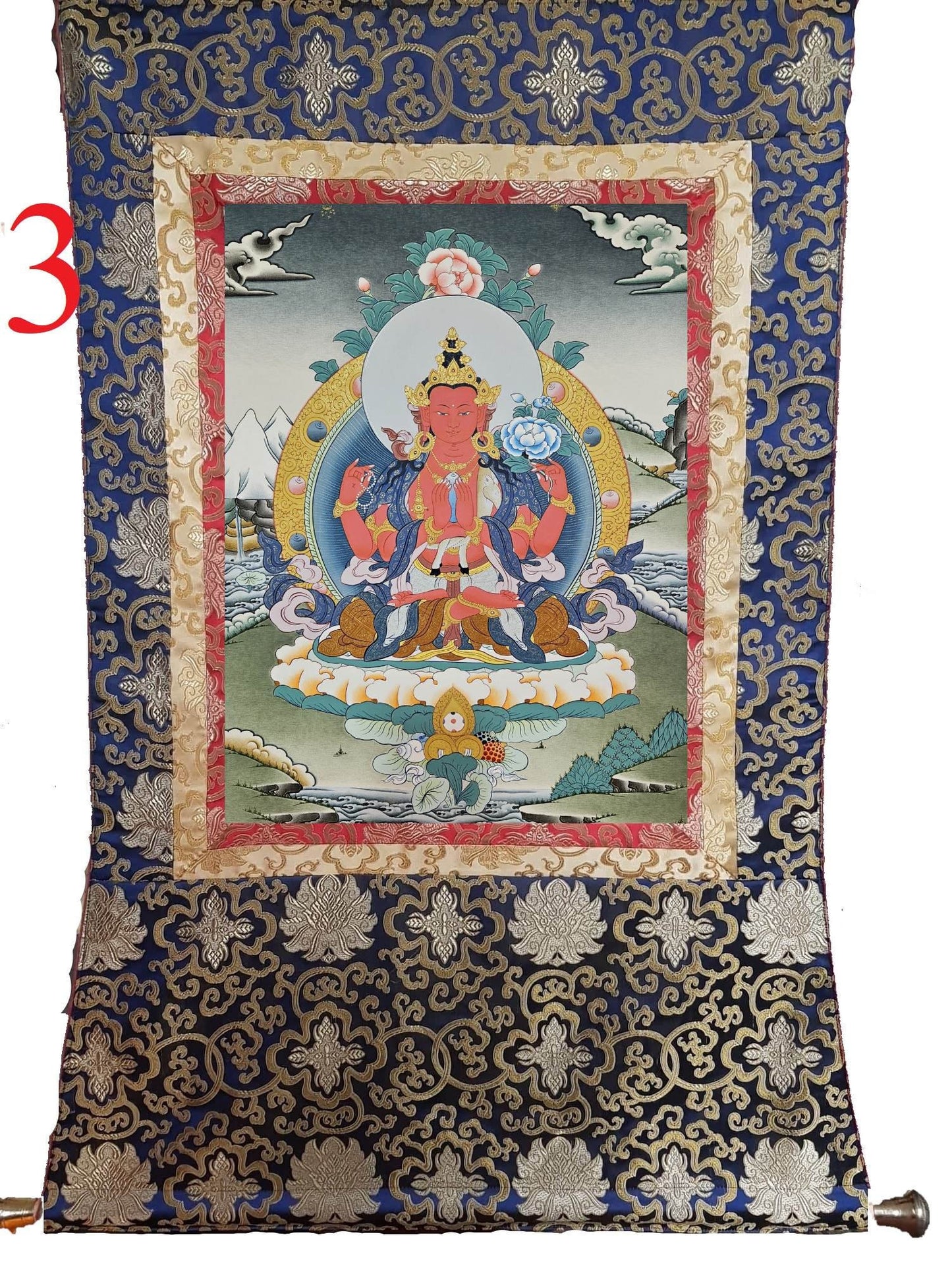 304. Gyalwa Gyatso (Red Chenrezig) Thangka (Thanka).  Free Brocade / Free Shipping.