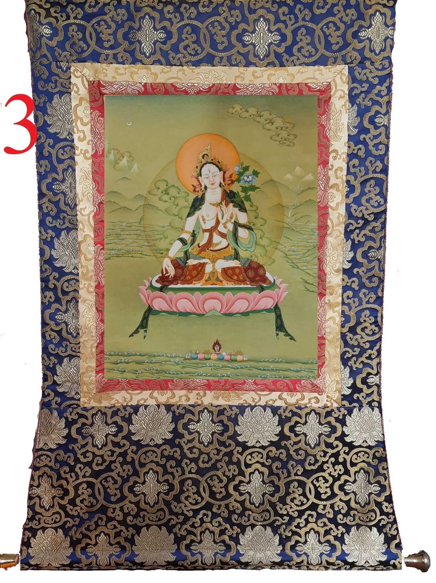 228. Karma Gadri White Tara Thangka (Thanka). Free Brocade / Free Shipping.