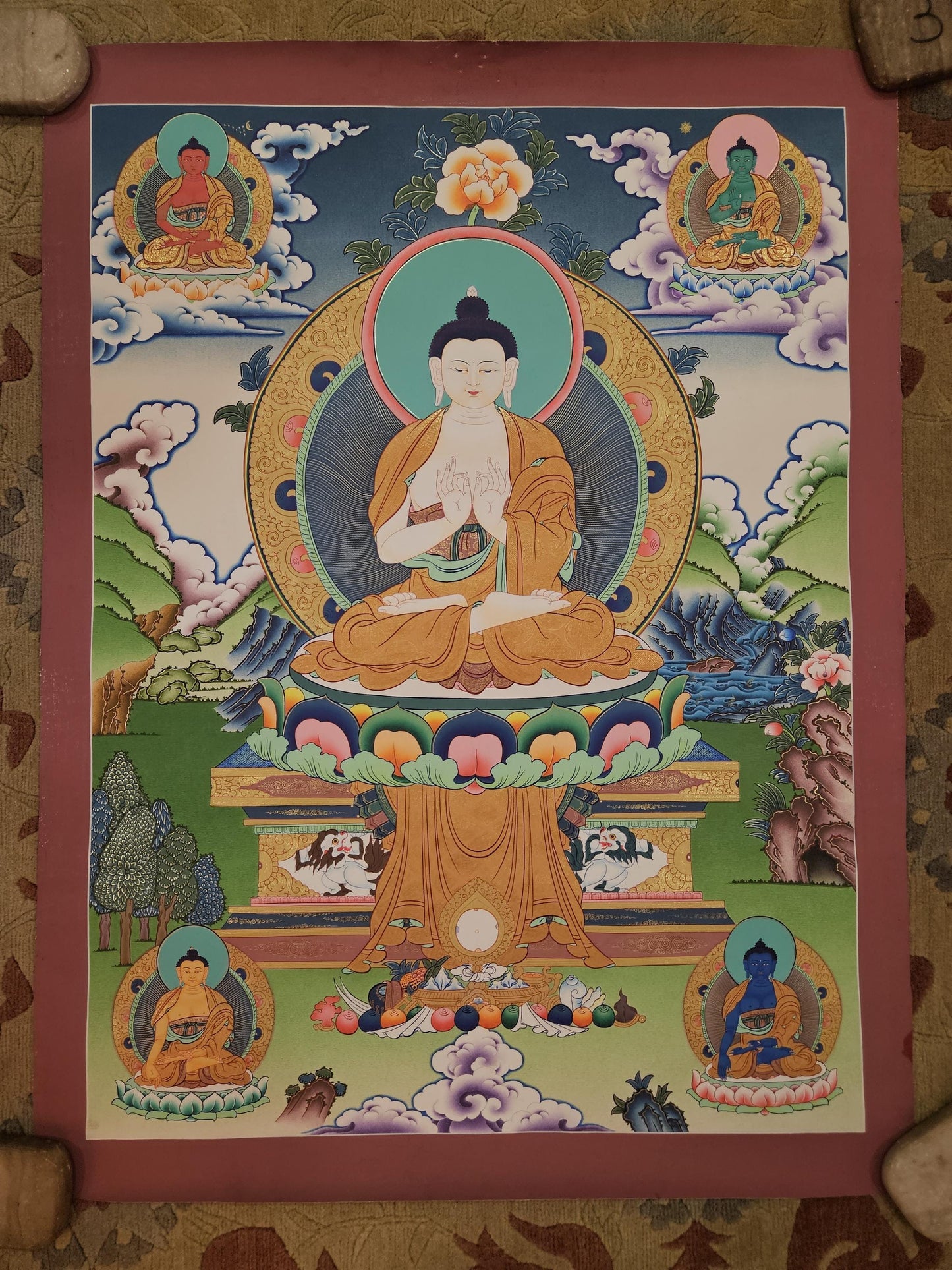 393. Five Pancha Dhyani Buddha Thangka (Thanka). Free Brocade / Free Shipping.