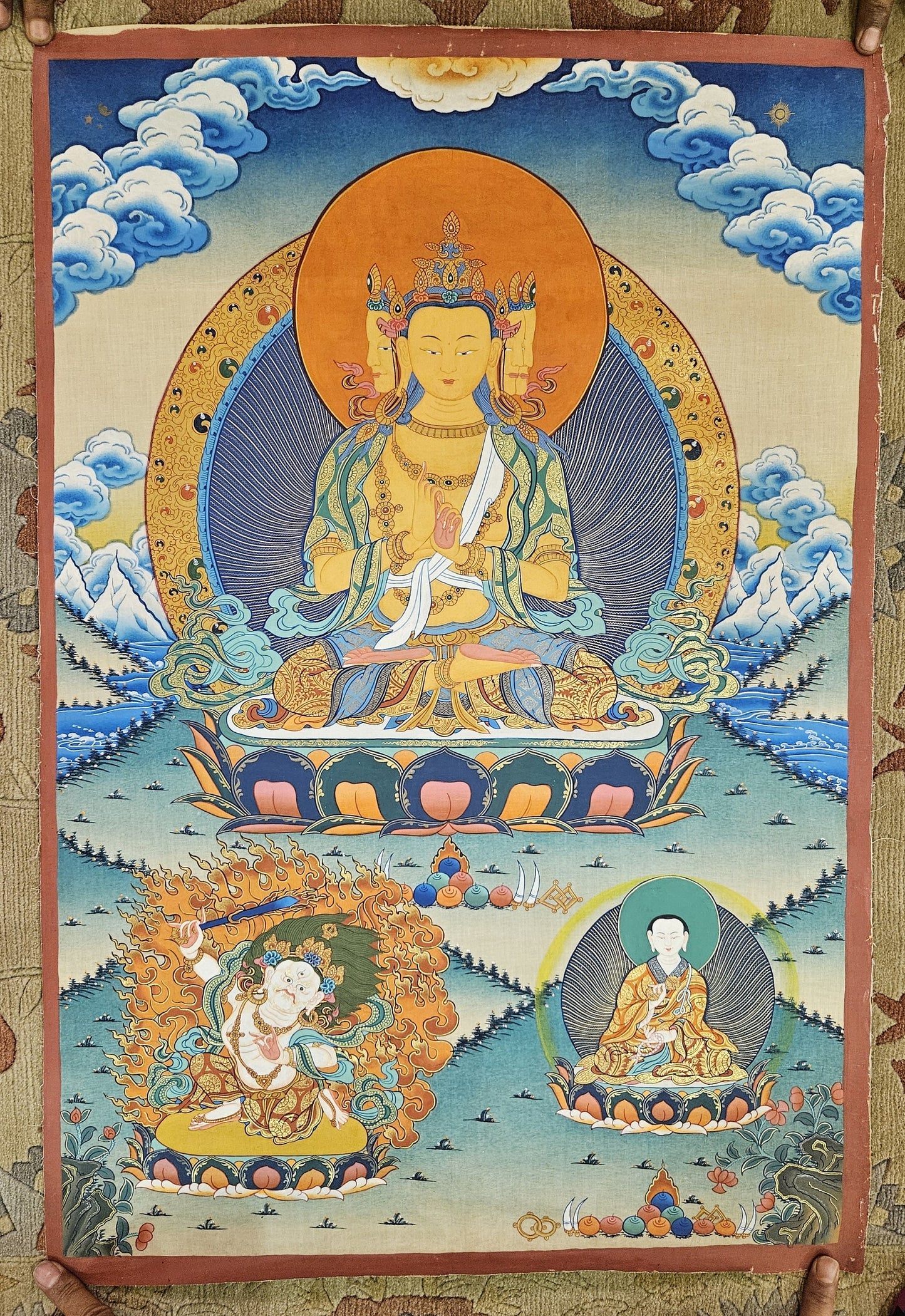 335. Sarvavid Vairocana Buddha Thangka (Thanka). Free Brocade / Free Shipping.