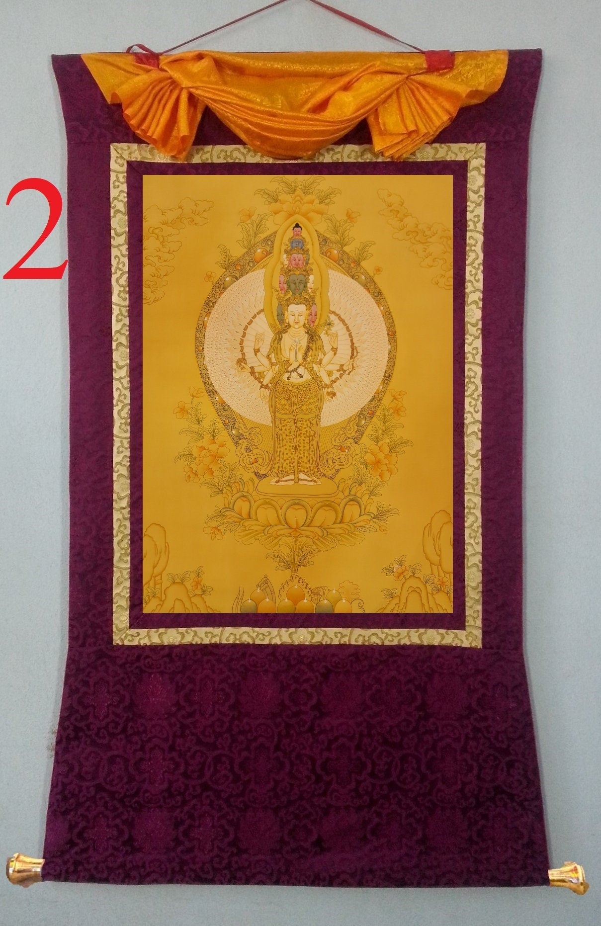 264. Large 1000 (Thousand) Arm Chenrezig Avalokiteshvara Thangka (Thanka). Free Brocade / Free Shipping.
