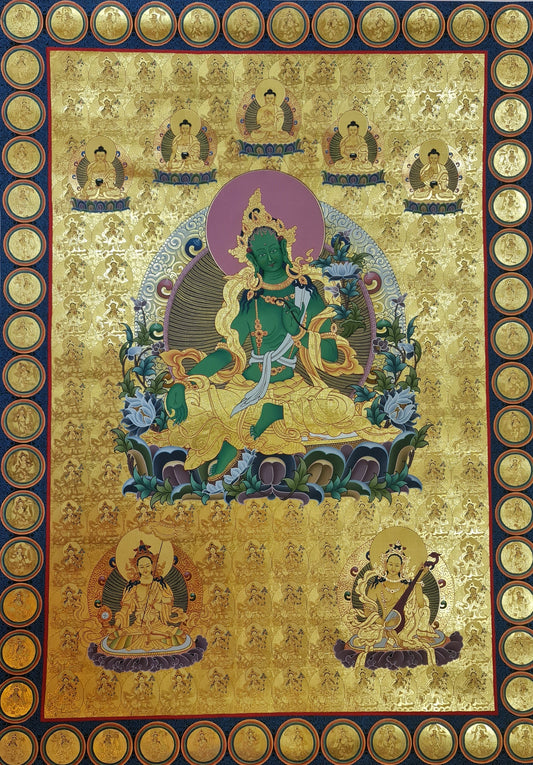 233. 108 Gold Green Tara Thangka (Thanka). Free Brocade / Free Shipping.