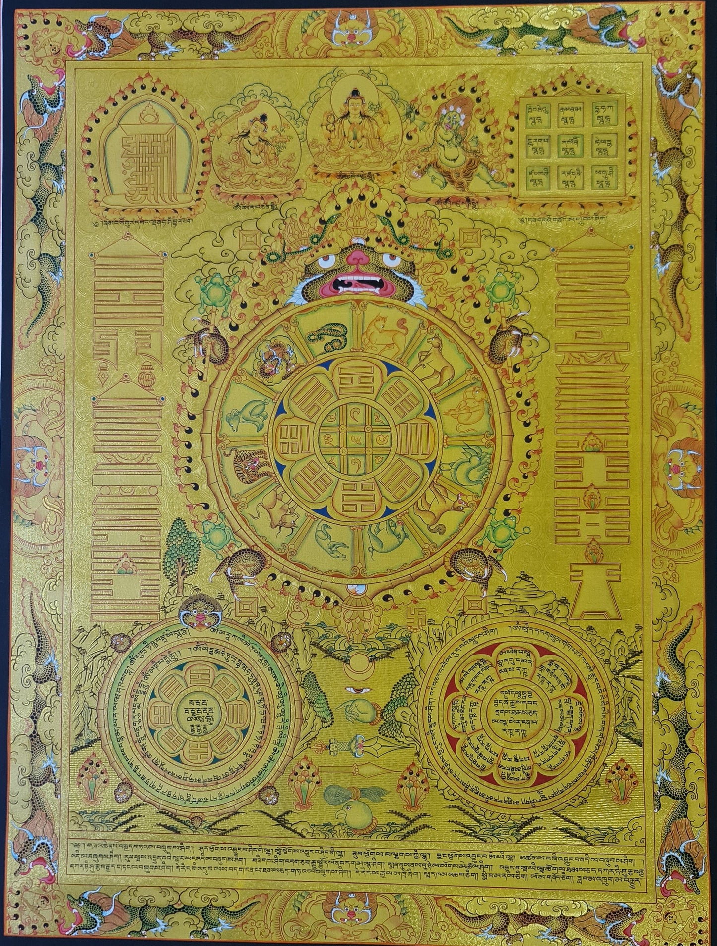 217. 24 K Gold Tibetan Calendar Thangka (Thanka). Free Brocade / Free Shipping.