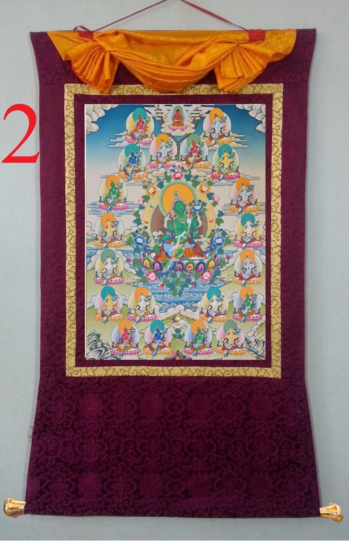 188. Green Tara with 21 Tara Thangka (Thanka). Free Brocade / Free Shipping.