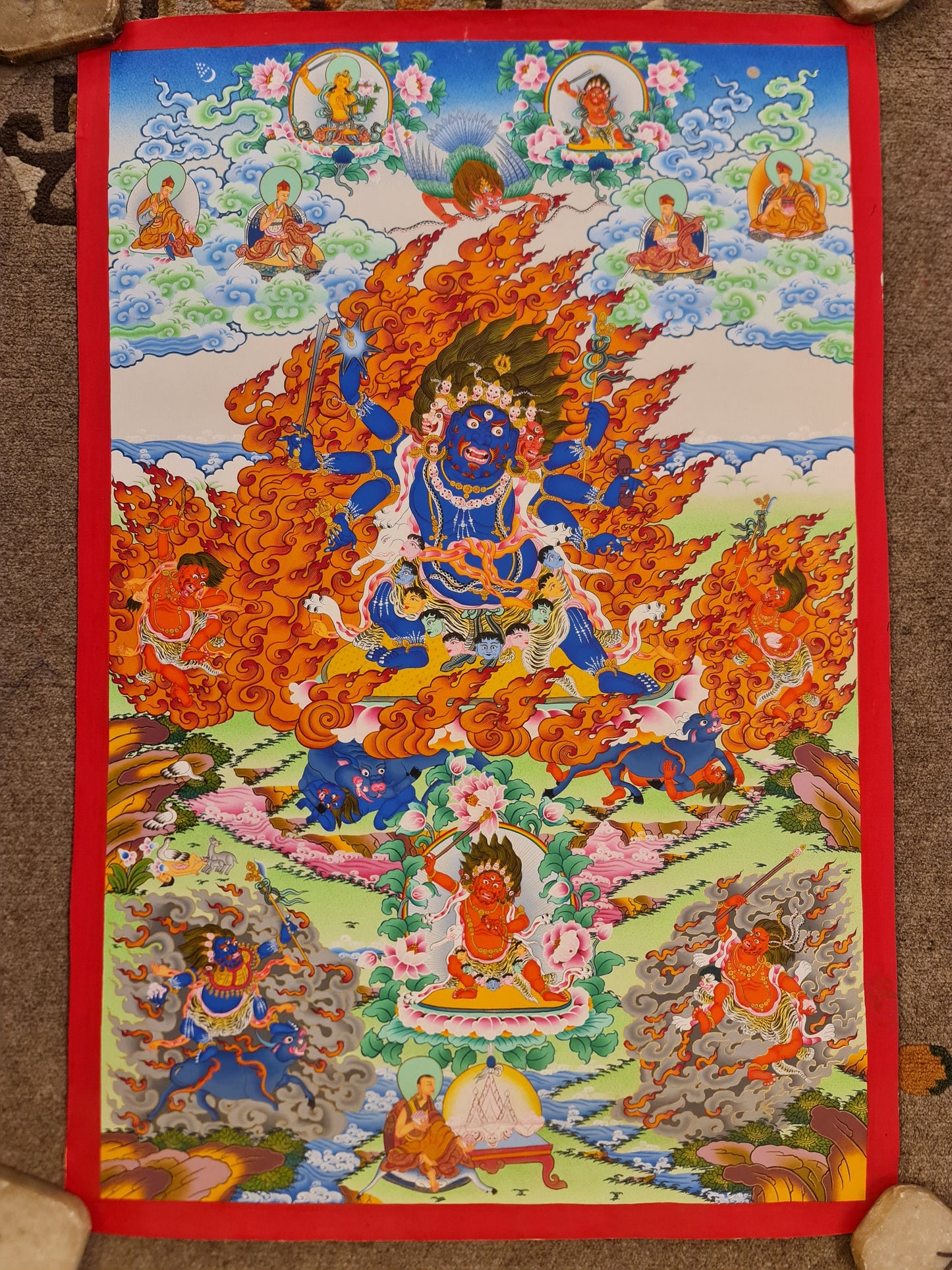 285. Drikung Kagyu Yamantaka Thanka (Thangka).  Free Brocade / Free Shipping.