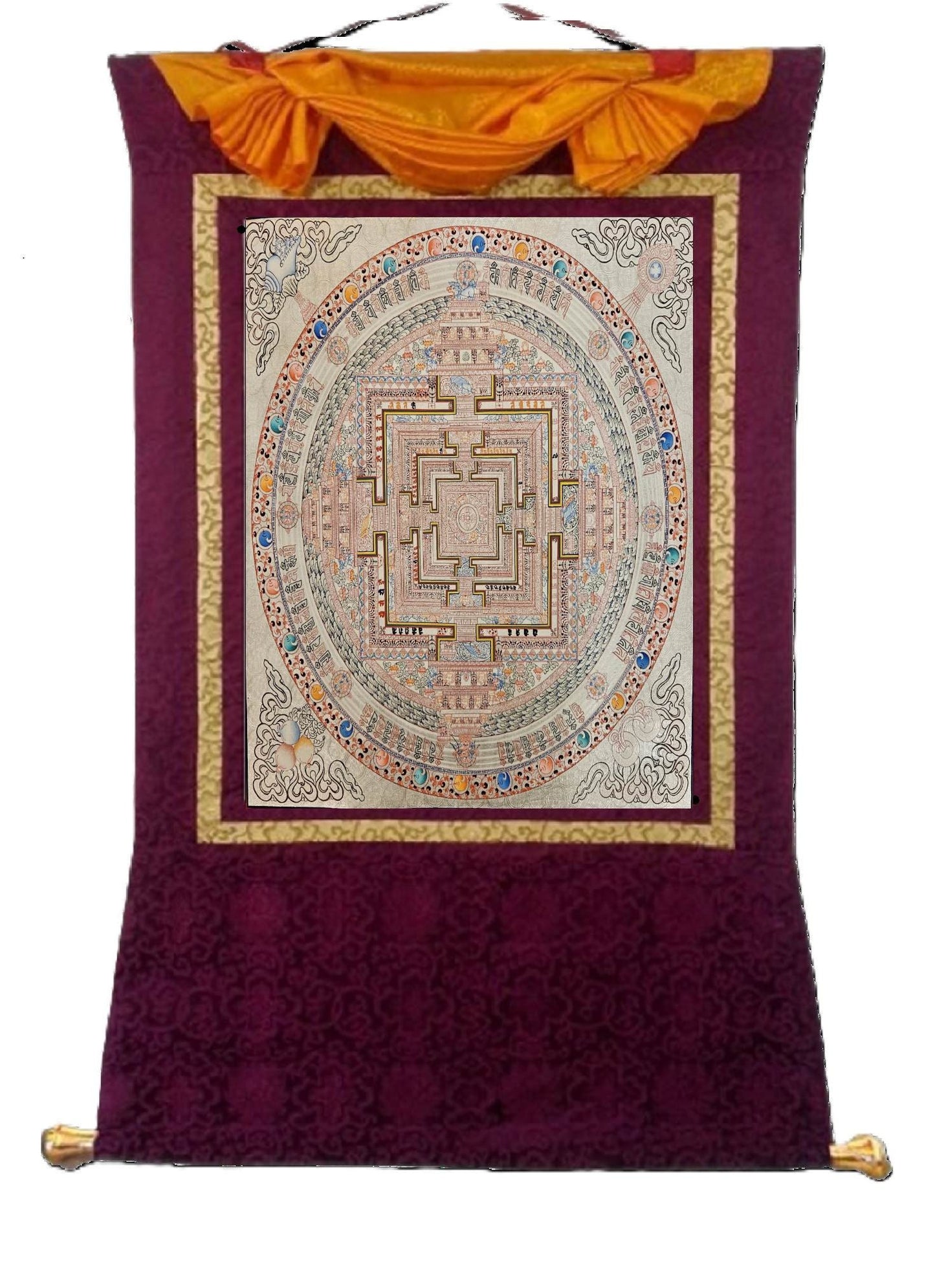 341. Silver Kalachakra Mandala Thangka (Thanka). Free Brocade / Free Shipping.