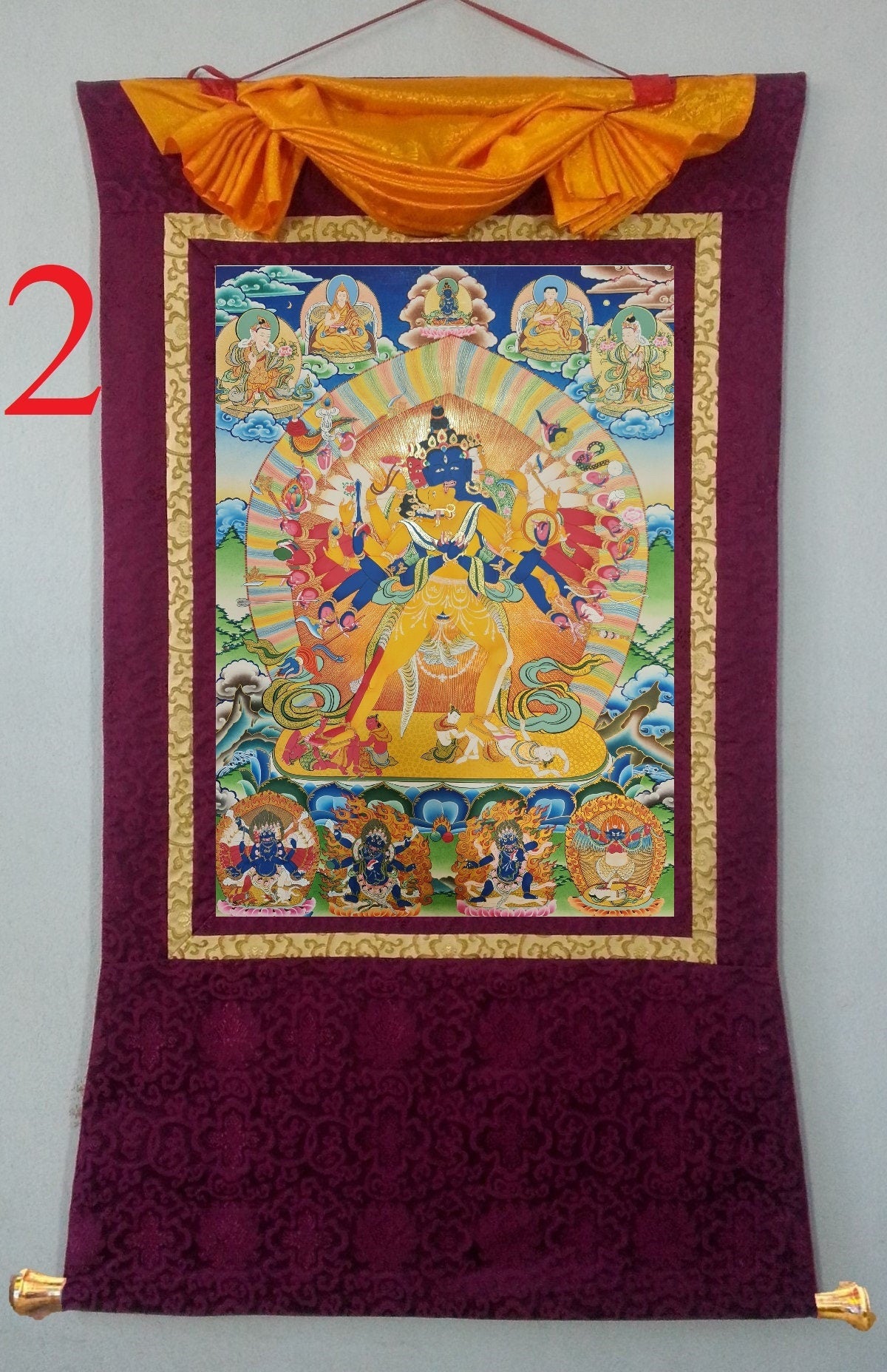 208. 12 Arm Kalachakra Consort Thangka (Thanka) Painting. Free Brocade / Free Shipping.