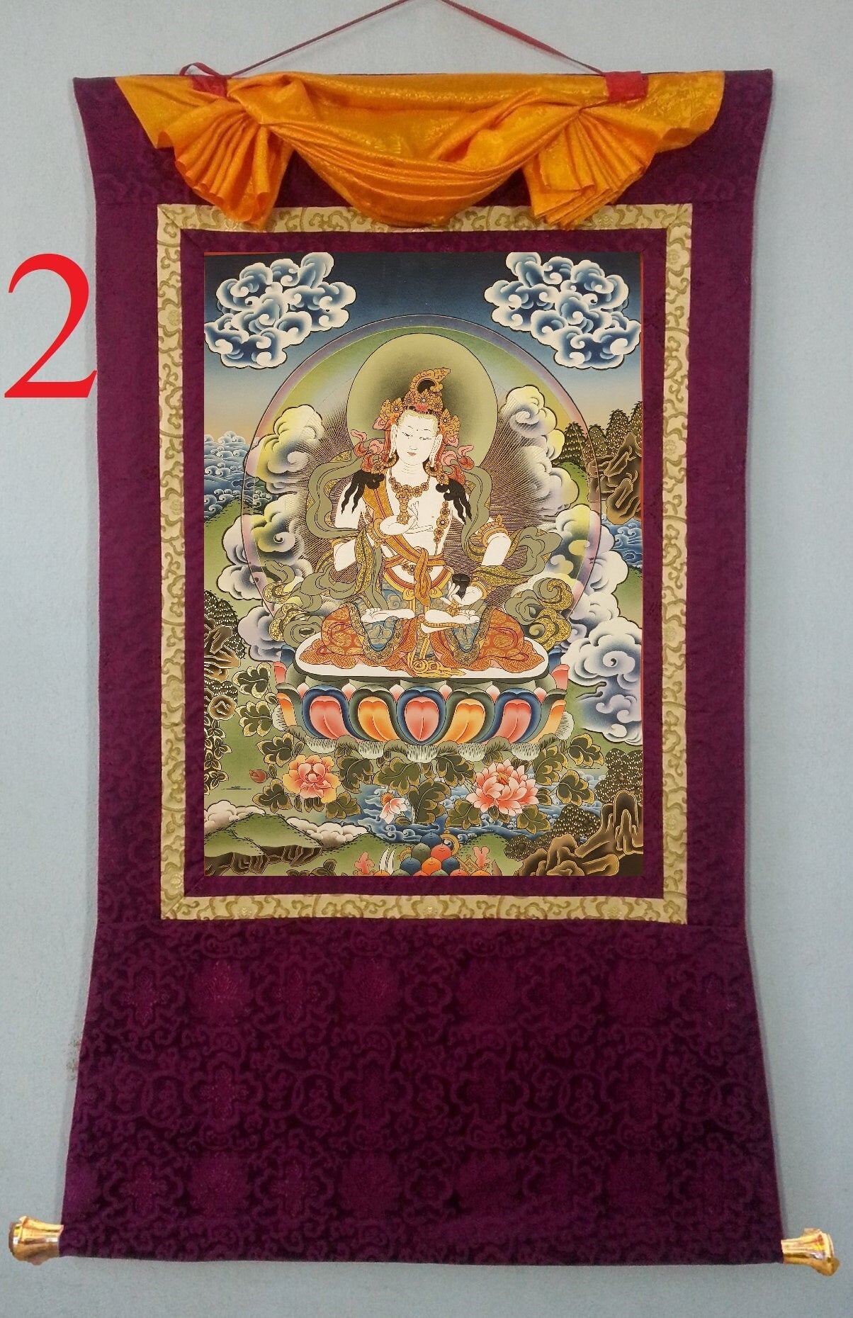 132. Vajrasattva Tibetan Thangka (Thanka) Painting. Free Brocade / Free Shipping.