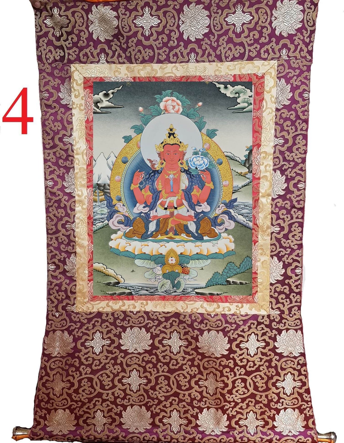 304. Gyalwa Gyatso (Red Chenrezig) Thangka (Thanka).  Free Brocade / Free Shipping.