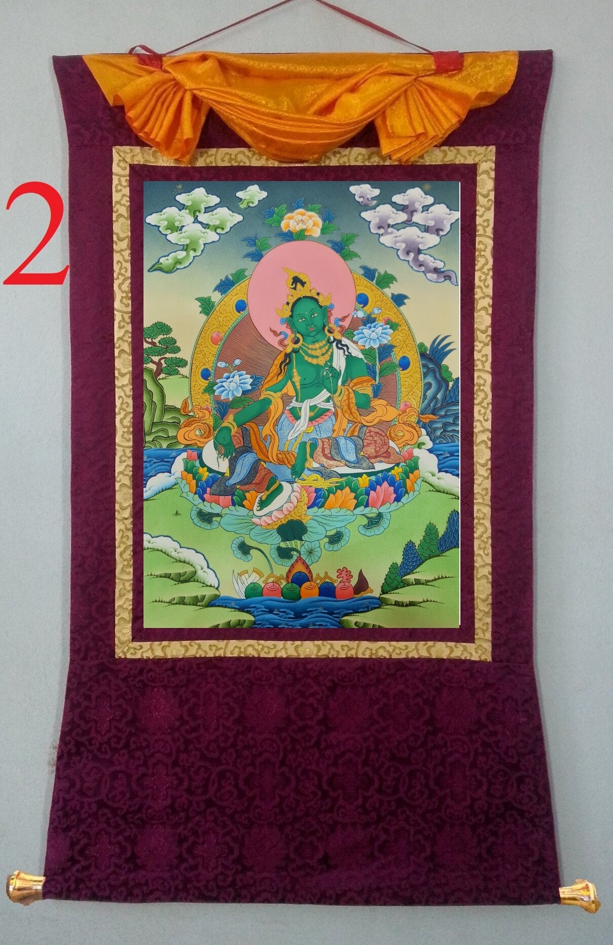 55. Green Tara Thangka (Thanka). Free Brocade / Free Shipping.