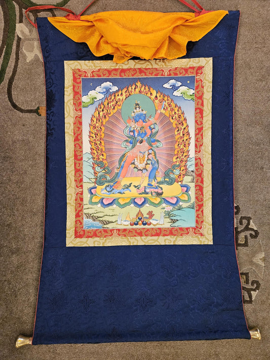 356. Two-Armed Heruka Chakrasamvara with Consort Thangka (Thanka) with Brocade. Free Shipping.