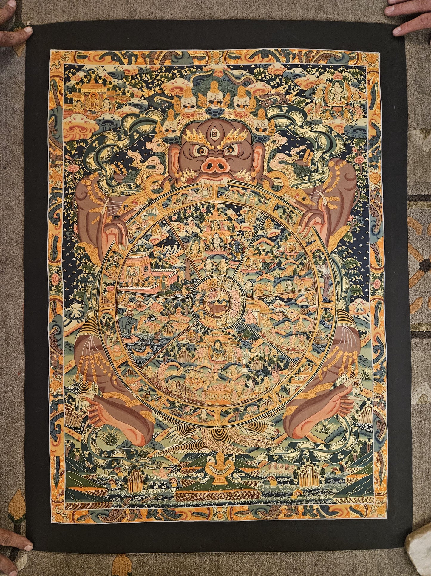 378. Large Wheel of Life (Samsara) Thangka (Thanka). Free Brocade / Free Shipping.
