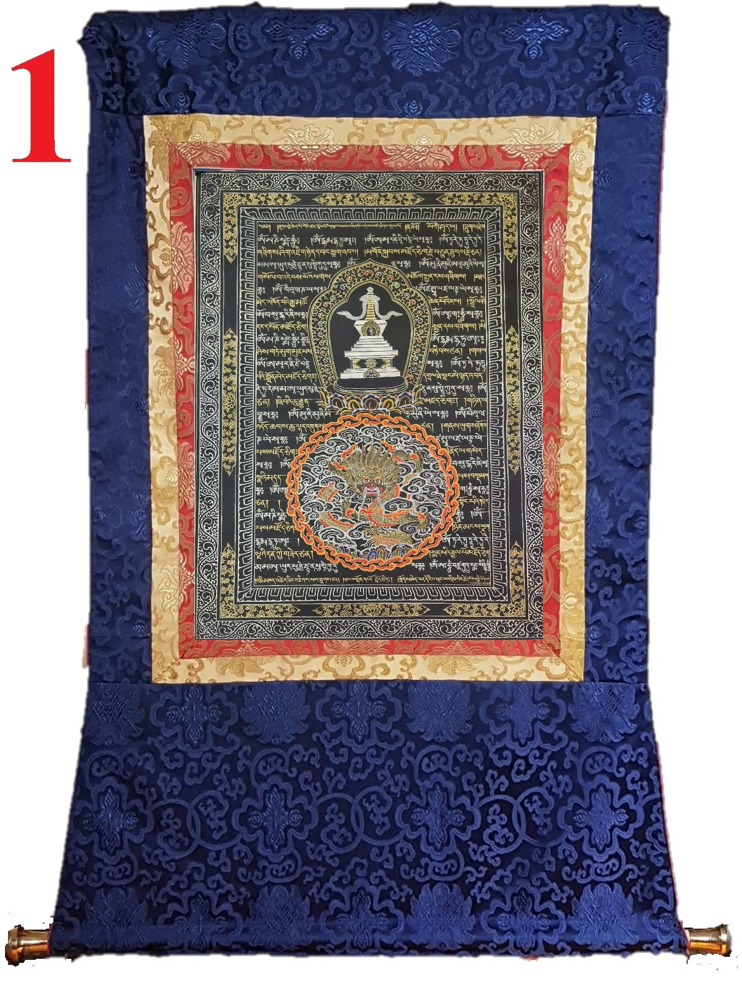 199. Mantra Thanka with Stupa and Dragon with 24K Gold. Free Brocade / Free Shipping.