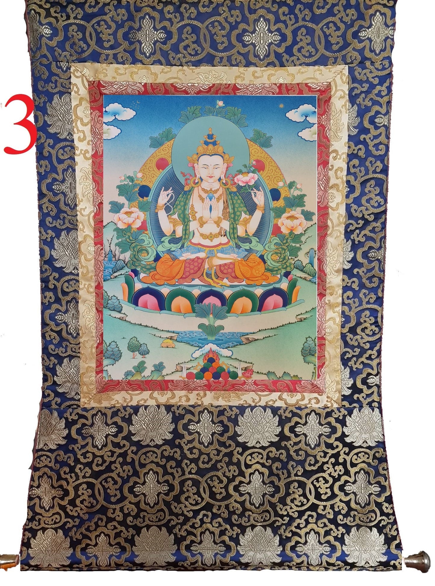 171. Chenrezig Thangka (Thanka).  Free Brocade / Free Shipping.
