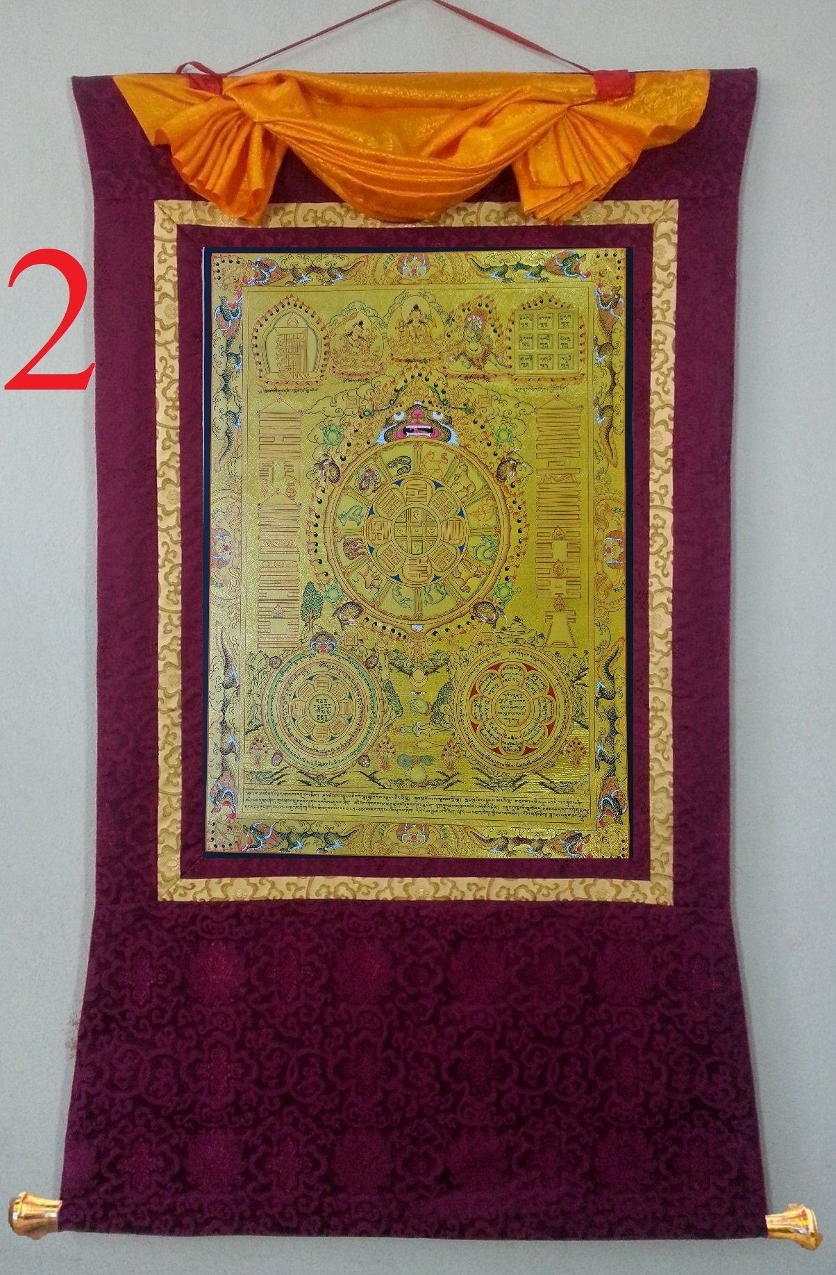 217. 24 K Gold Tibetan Calendar Thangka (Thanka). Free Brocade / Free Shipping.