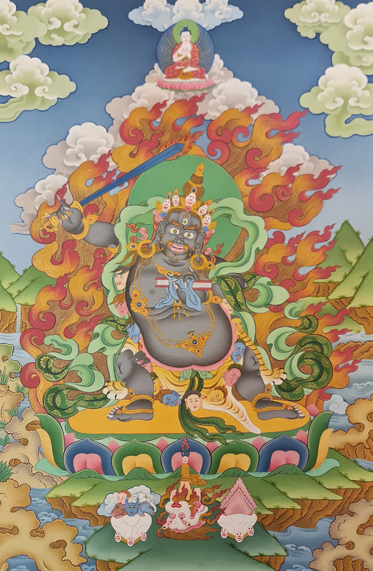 273. The Disease Specialist Black Manjushree (Manjushri) Thangka (Thanka). Free Brocade / Free Shipping.
