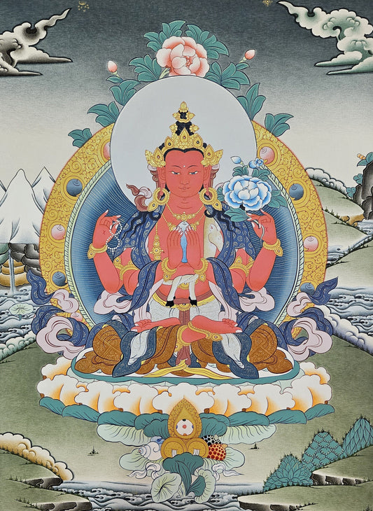 304. Gyalwa Gyatso (Red Chenrezig) Thangka (Thanka).  Free Brocade / Free Shipping.