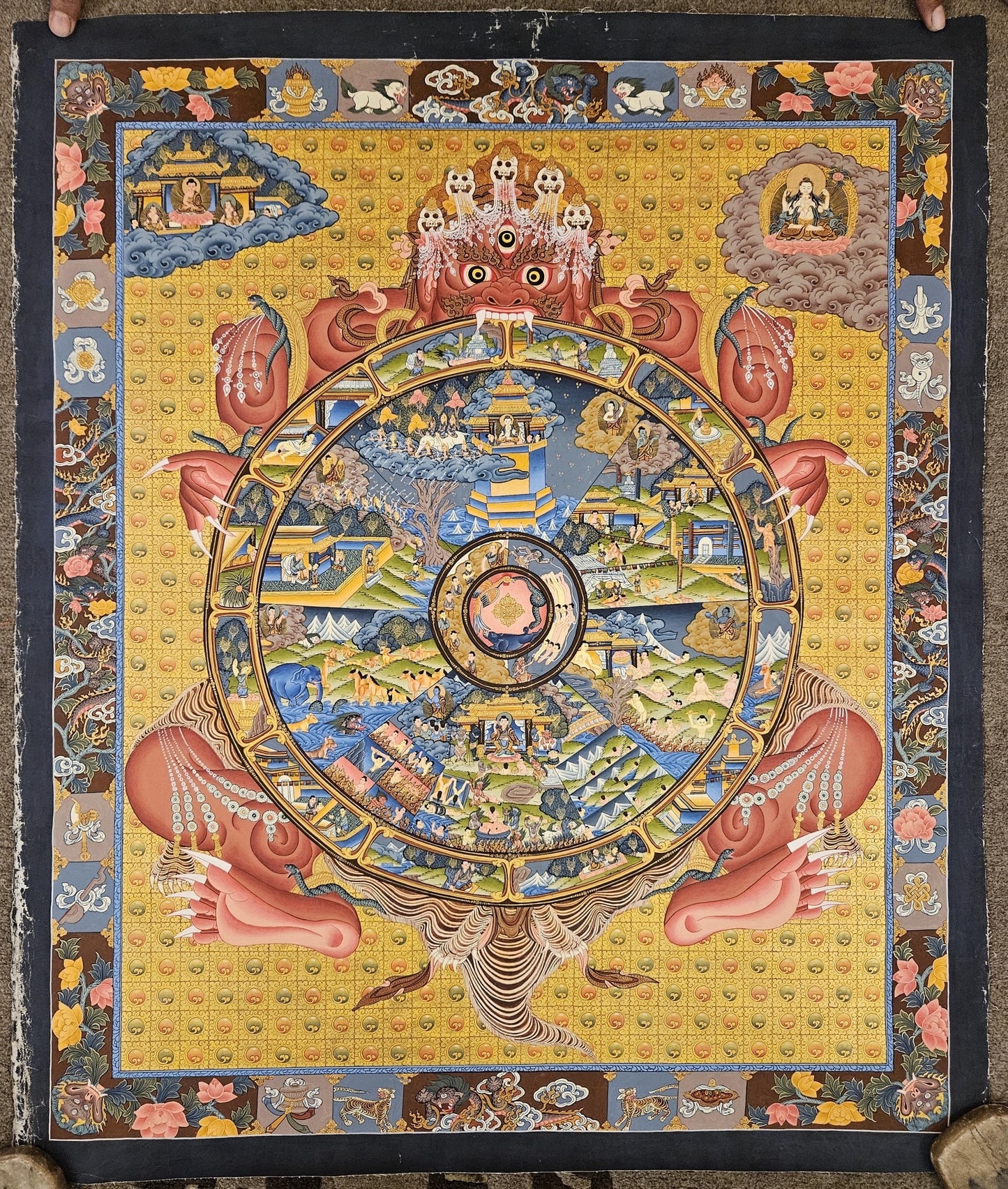 384. 20 Year Old Wheel of Life (Samsara) Thangka (Thanka). Free Brocade / Free Shipping.