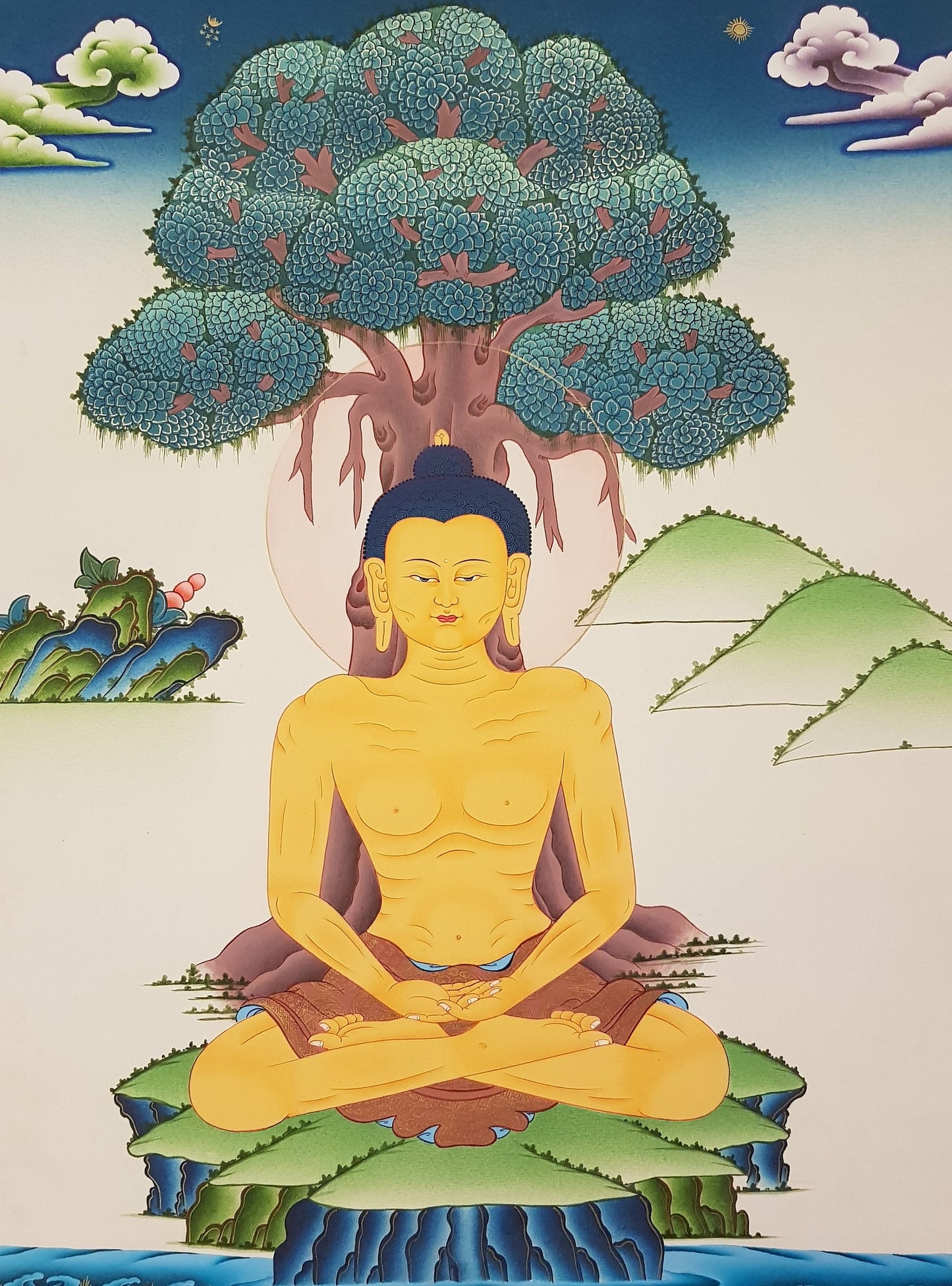 18. Fasting Shakyamuni Buddha Thangka (Thanka). Free Brocade / Free Shipping.