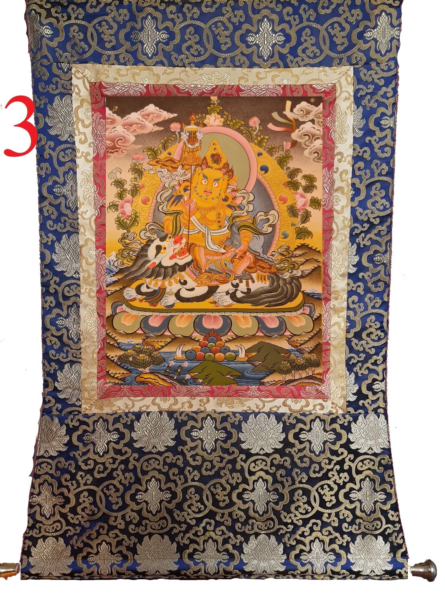 179. Namtoshe Jambhala or Zambhala Thangka (Thanka). Free Brocade / Free Shipping.