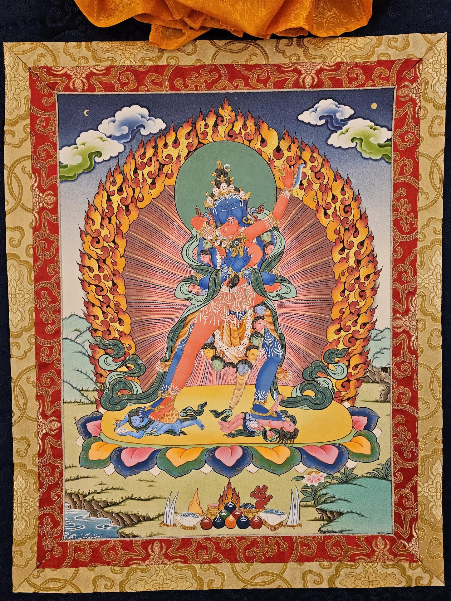 356. Two-Armed Heruka Chakrasamvara with Consort Thangka (Thanka) with Brocade. Free Shipping.