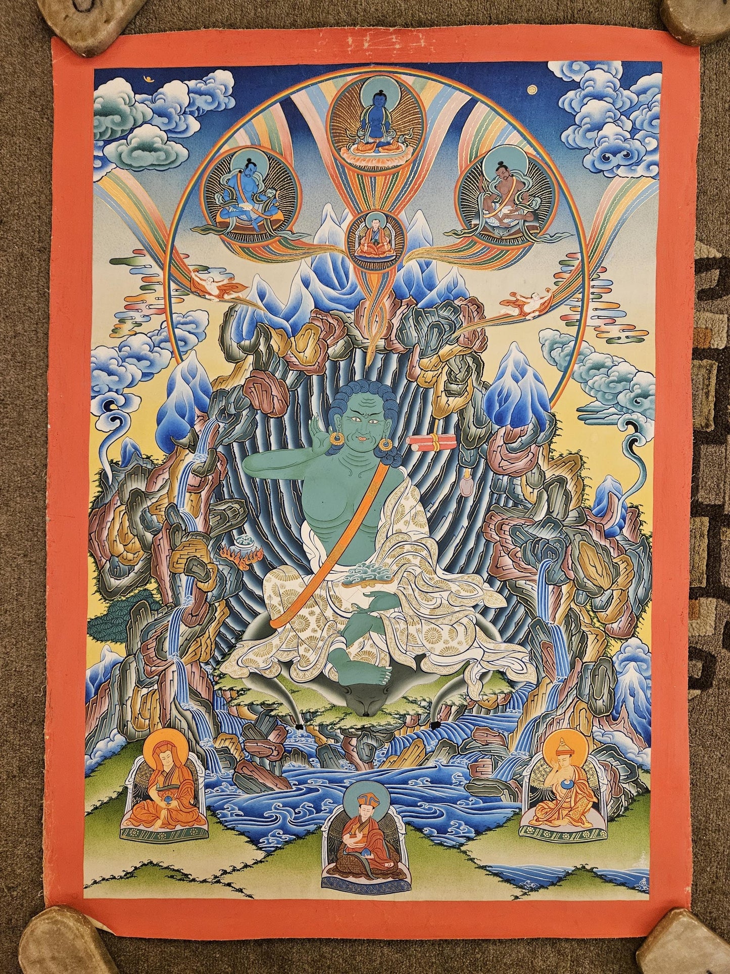 338. Milarepa with Kagyu Masters Thangka (Thanka). Free Brocade / Free Shipping.