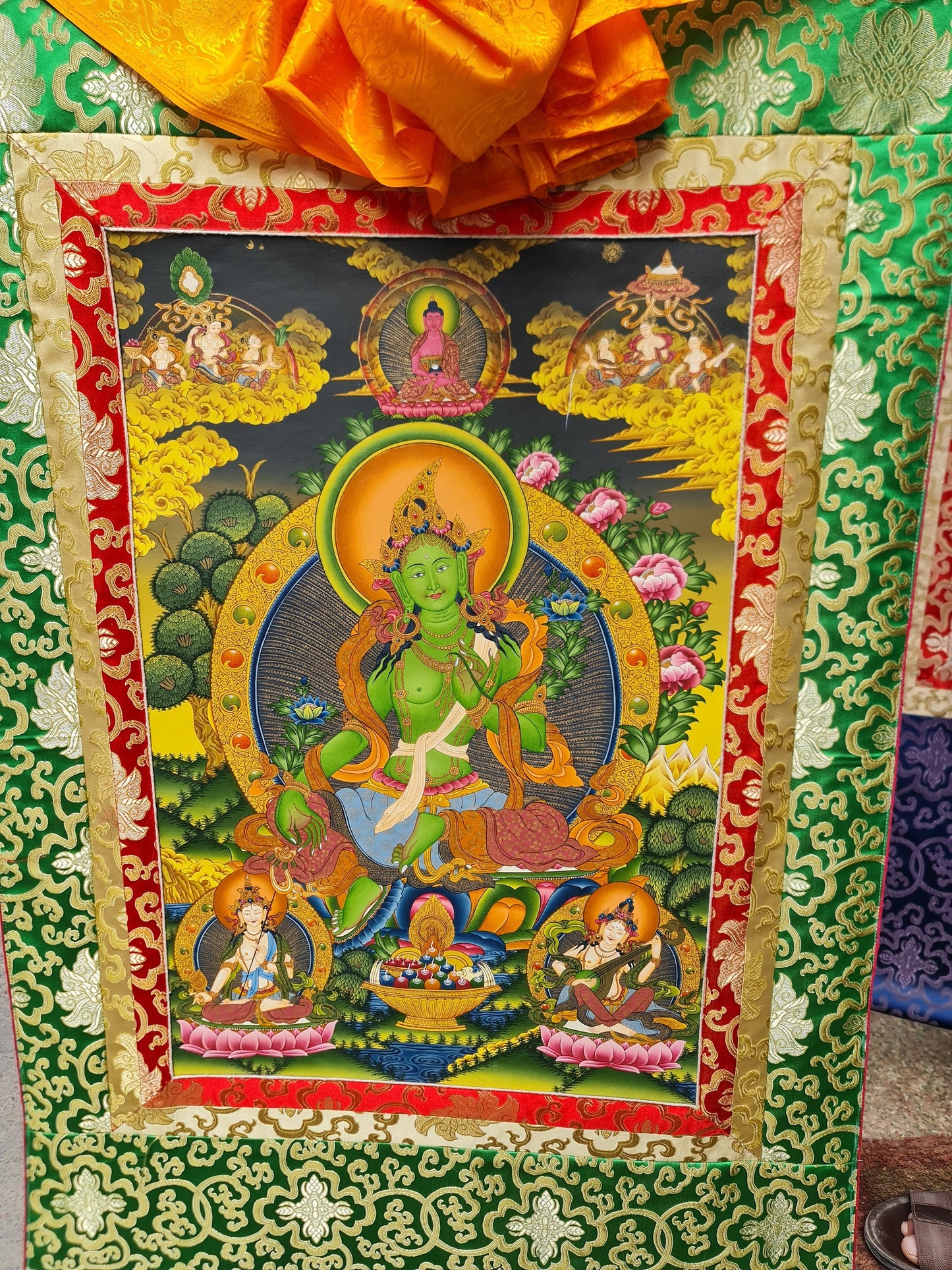 Green Tara Thangka (Thanka) with Green Brocade. Free Shipping.
