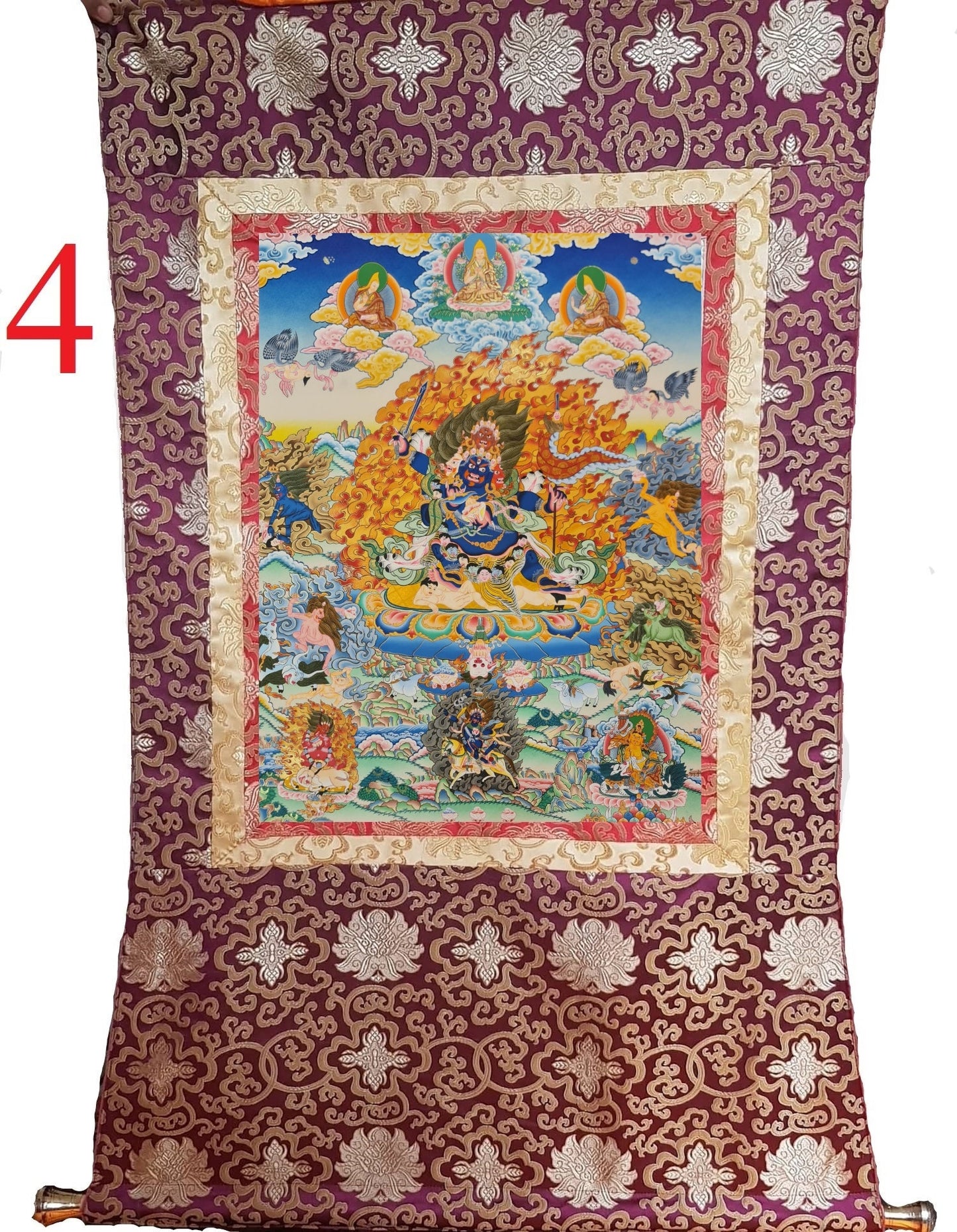 282. Gelug (Gelupa) Four Faced Mahakala (Great Black One) Thanka (Thangka). Free Brocade / Free Shipping.