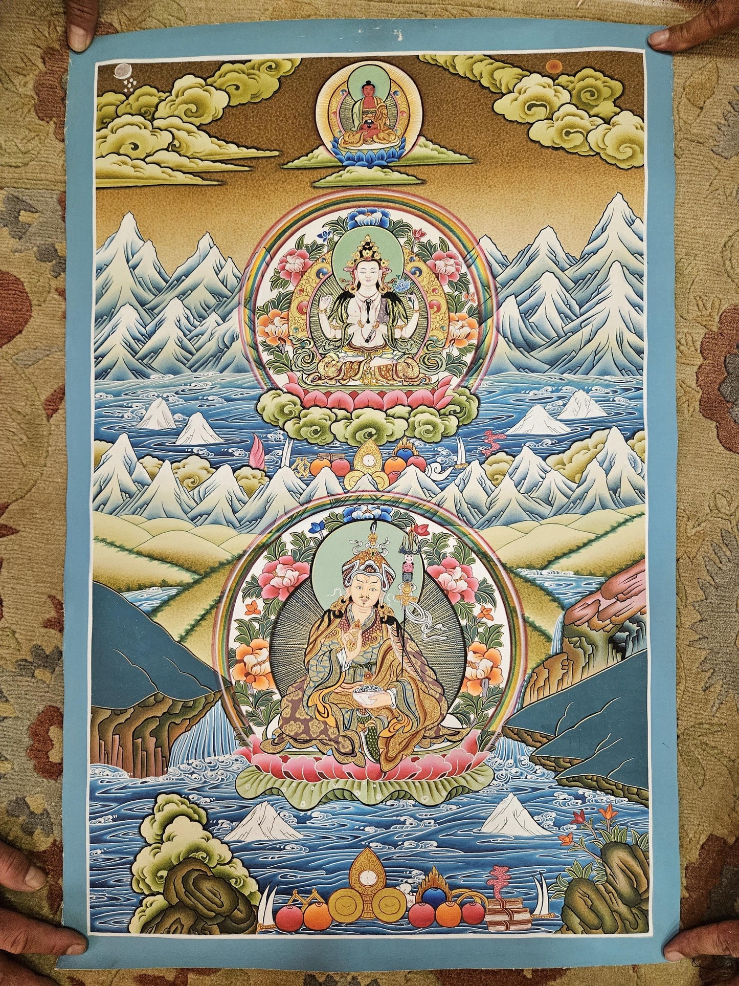 360. Triratna (Guru Rinpoche, Amitabha, Chenrezig) Thangka (Thanka). Free Shipping.