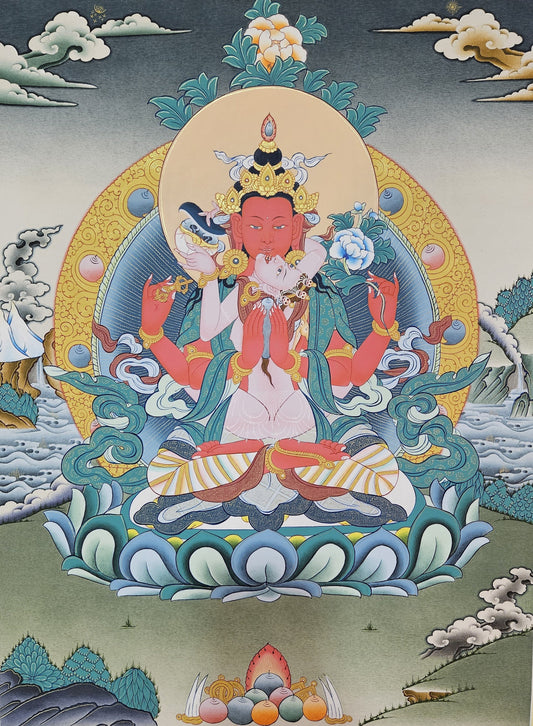 294. Gyalwa Gyatso (Red Chenrezig - Consort) Thangka (Thanka).  Free Brocade / Free Shipping.