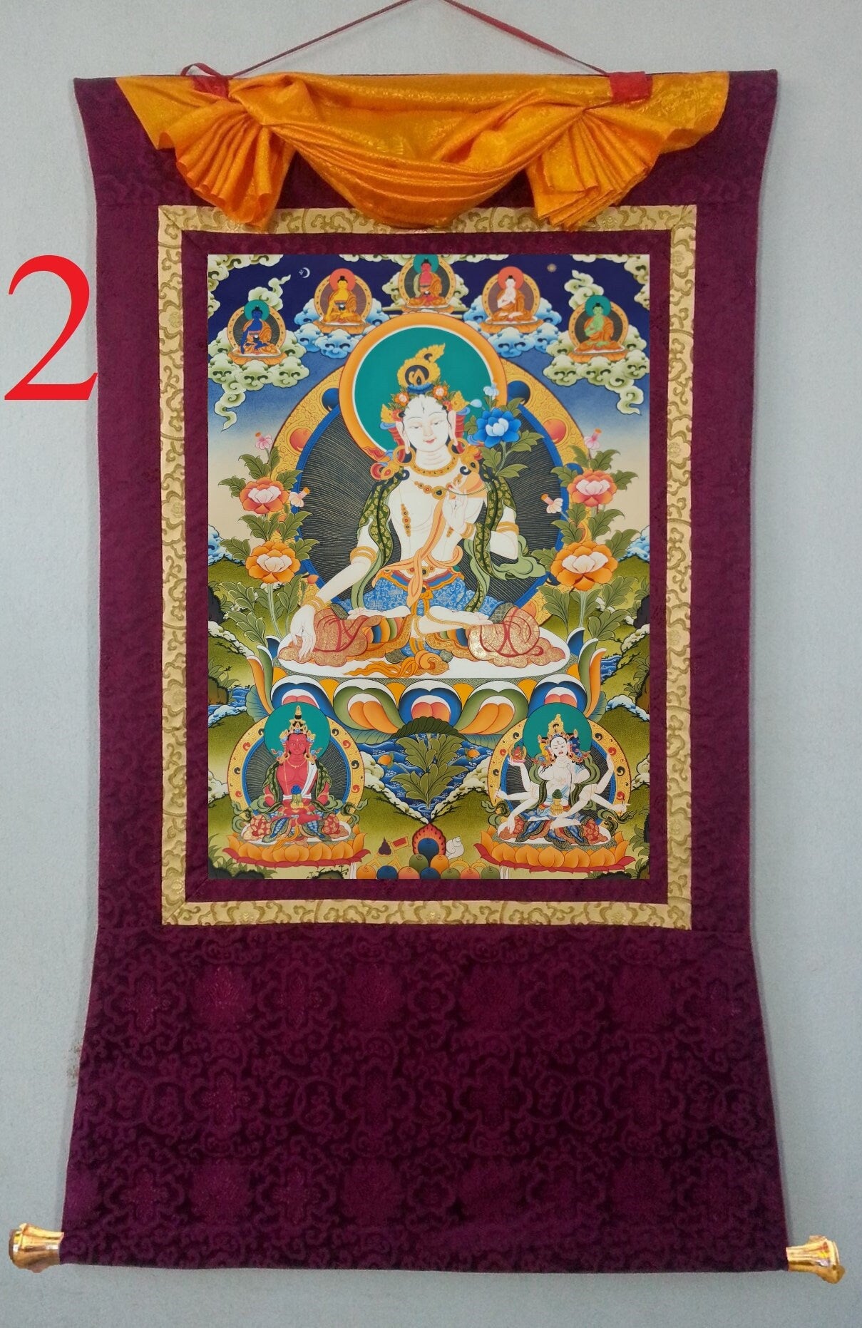 259. Large White Tara Thangka (Thanka). Free Brocade / Free Shipping.
