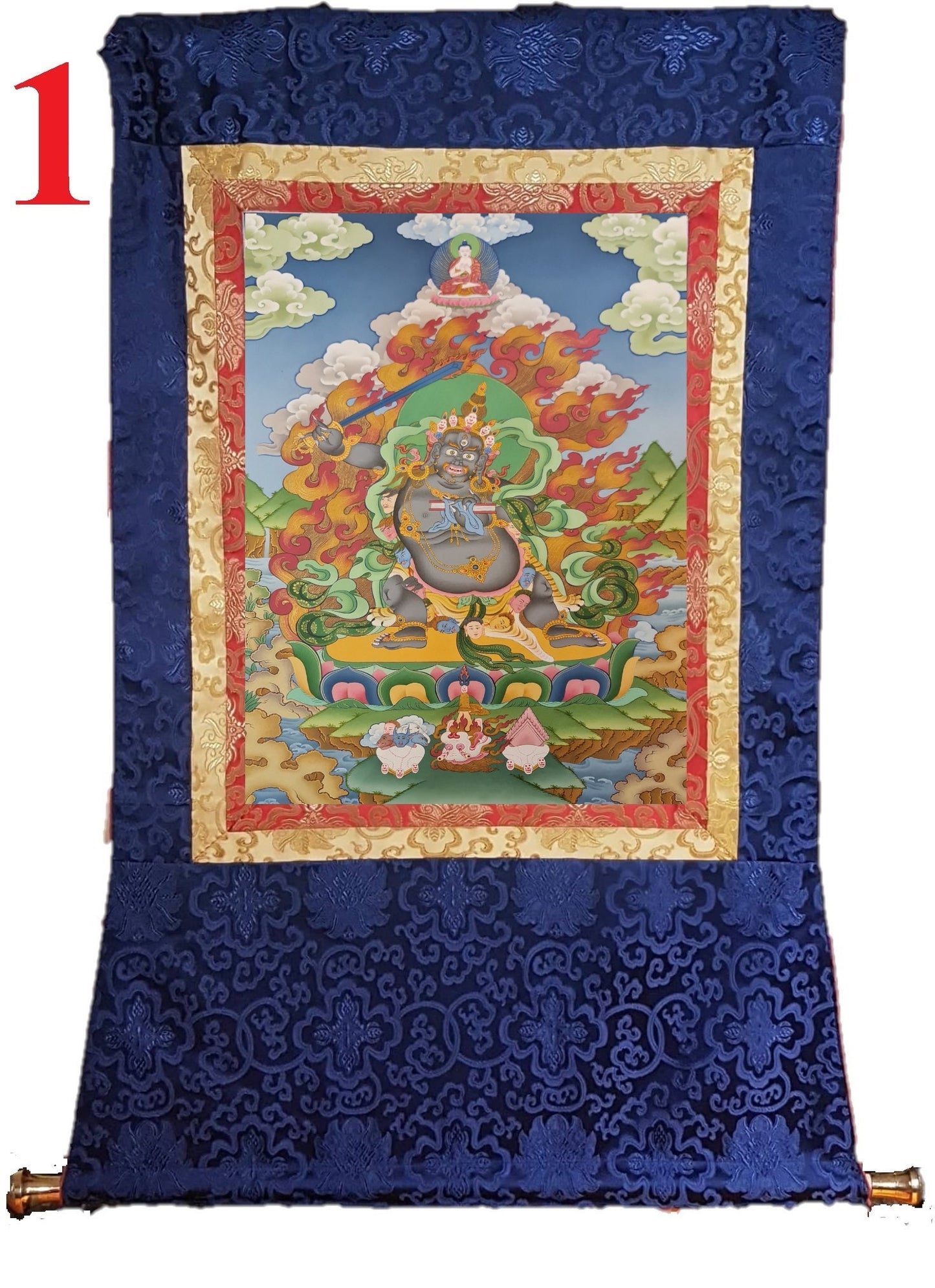 273. The Disease Specialist Black Manjushree (Manjushri) Thangka (Thanka). Free Brocade / Free Shipping.