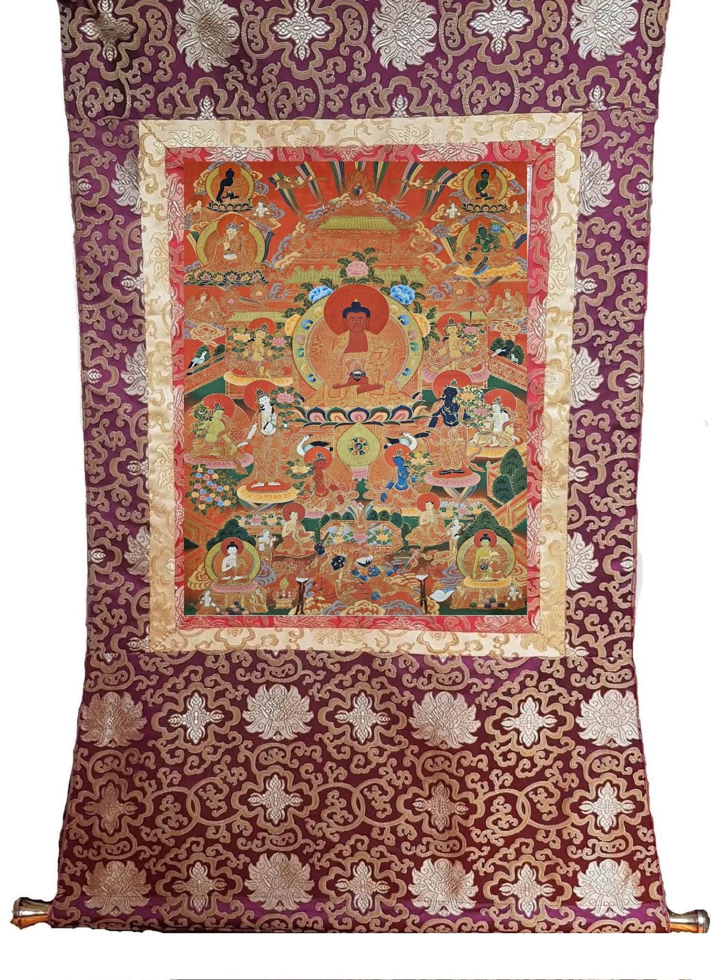 317. Amitabha Dewachen (Pure Land of  Sukhavati) Thangka (Thanka). Free Brocade / Free Shipping.