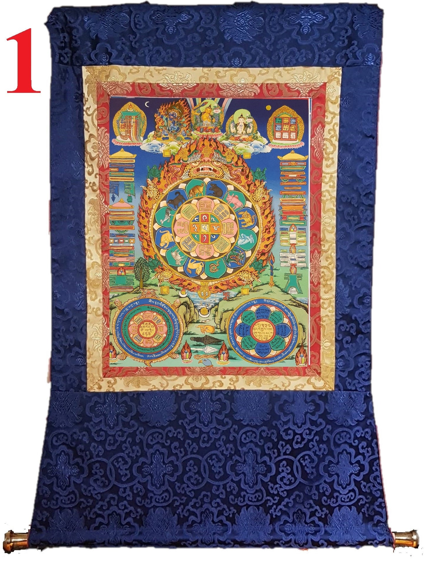 124. Shiva Khorlo Tibetan Calendar Thangka (Thanka). Free Brocade / Free Shipping.