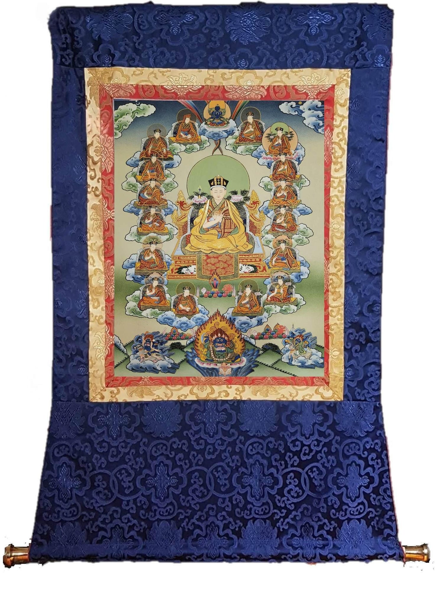 364. 16 Sixteen Gyalwa Karmapa in one Thangka Karma Kagyu. Free Brocade / Free Shipping.