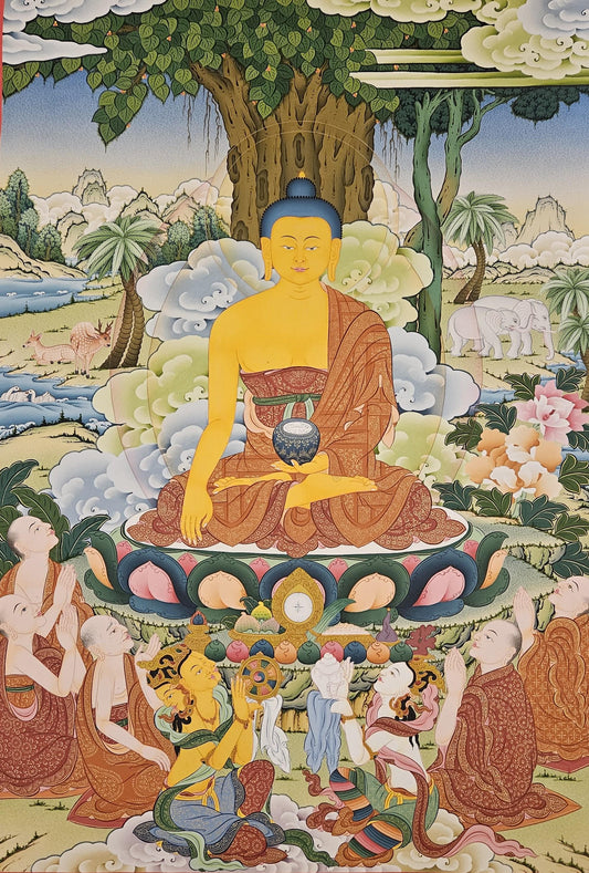 321. Five Monk Teaching with Shakyamuni Buddha (Thangka).  Free Brocade / Free Shipping.
